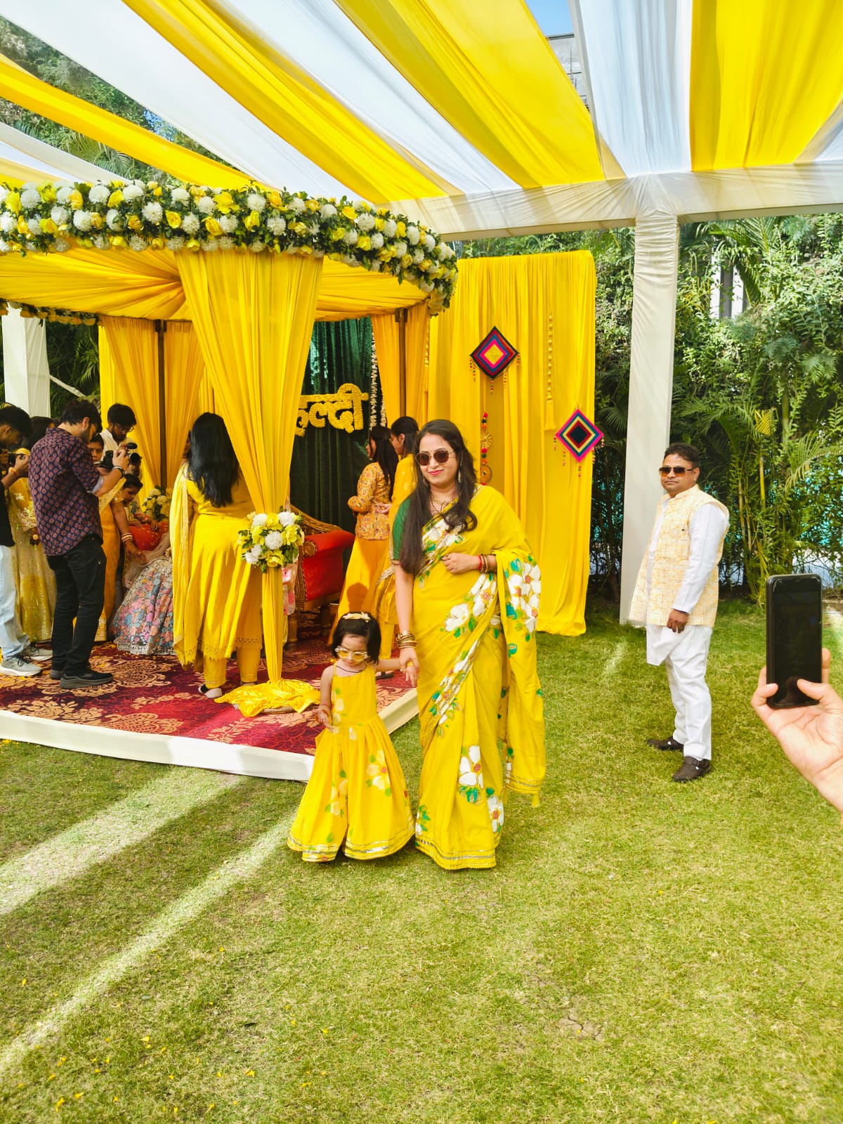 Hand painted Couple haldi combo outfit organza saree with kurta pajama
