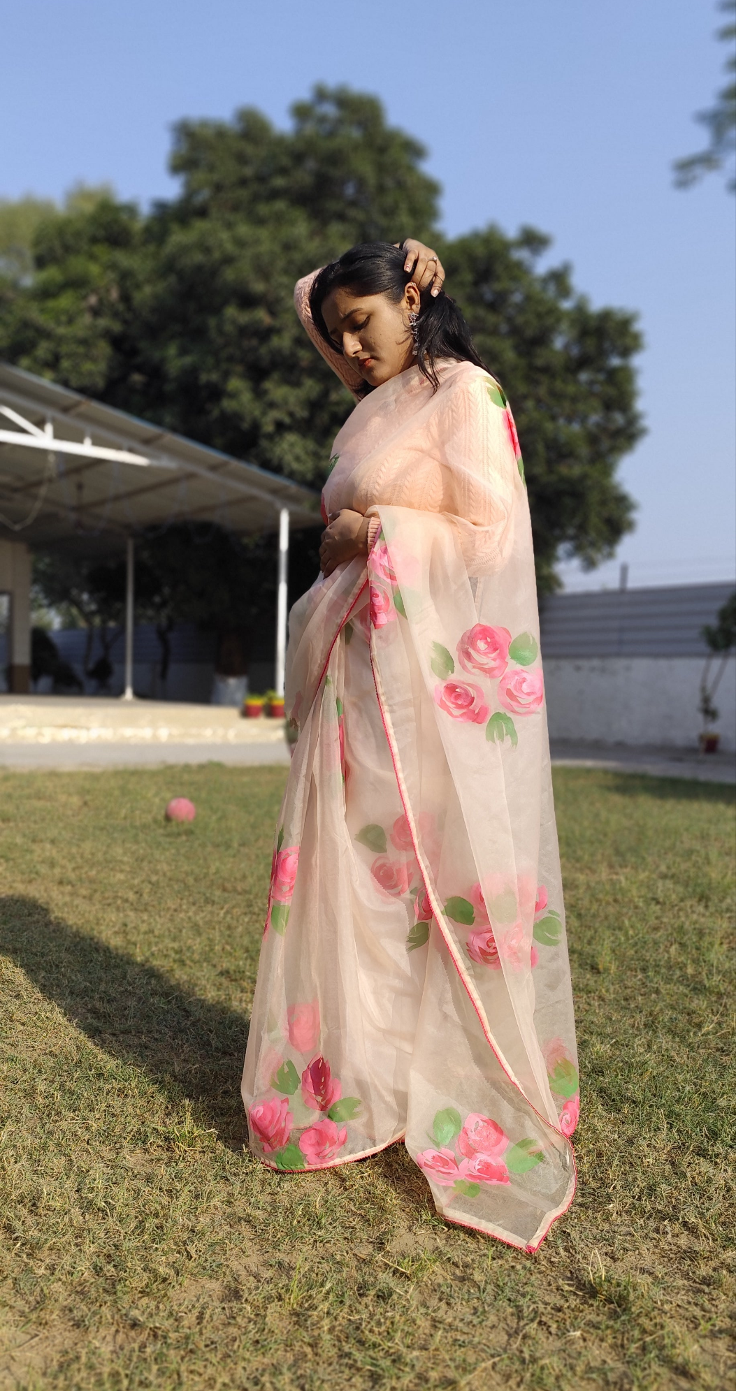Hand painted pastel pink roses saree for women