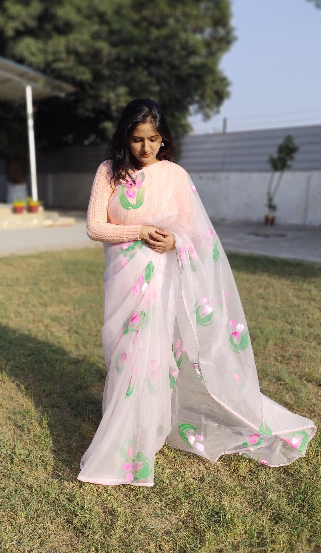 Pastel pink Handpainted tulips saree for women