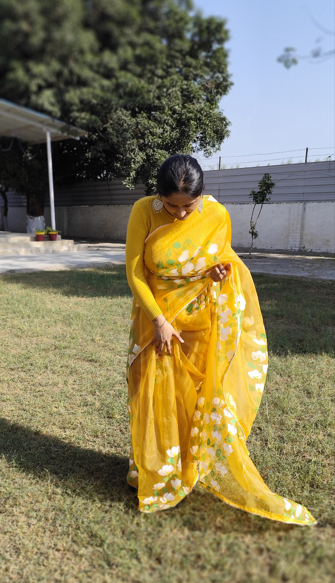 Yellow hand painted bougainvillea saree