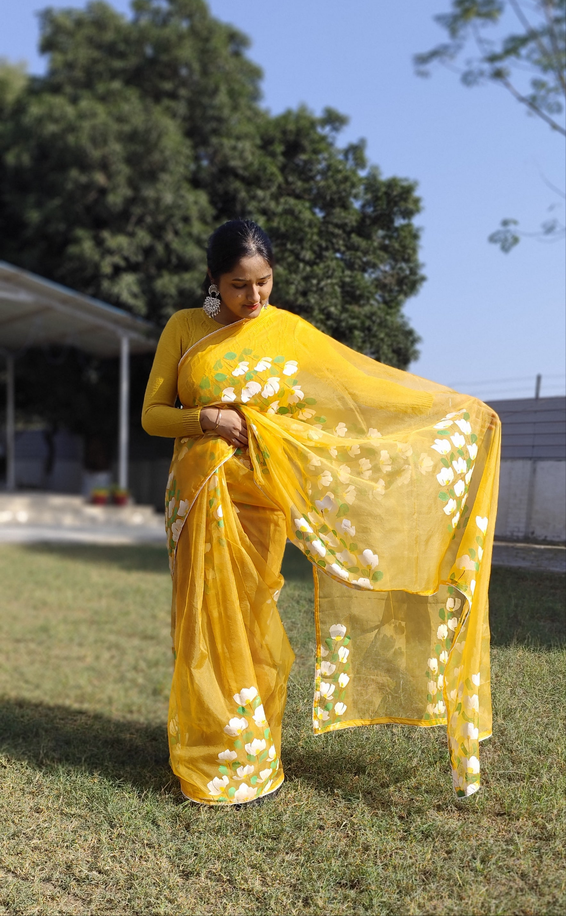 Yellow hand painted bougainvillea saree