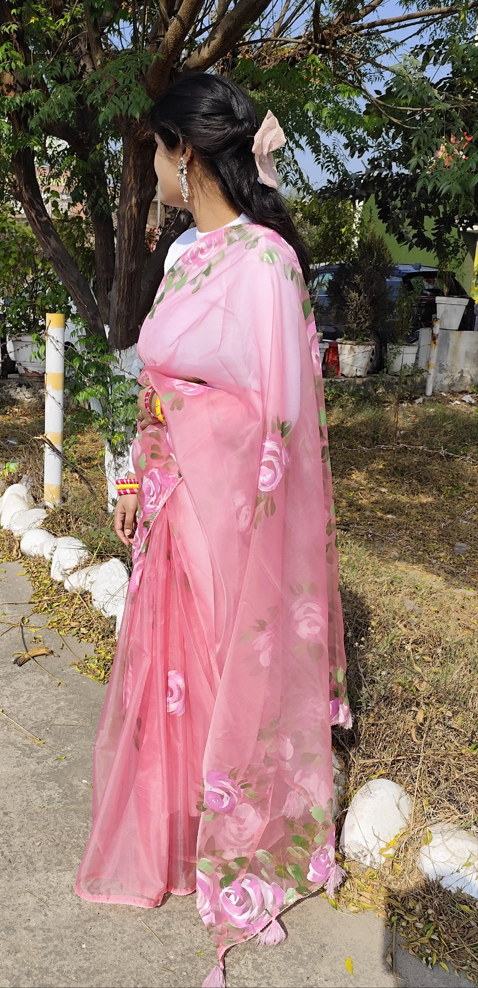 Pink hand painted organza silk saree