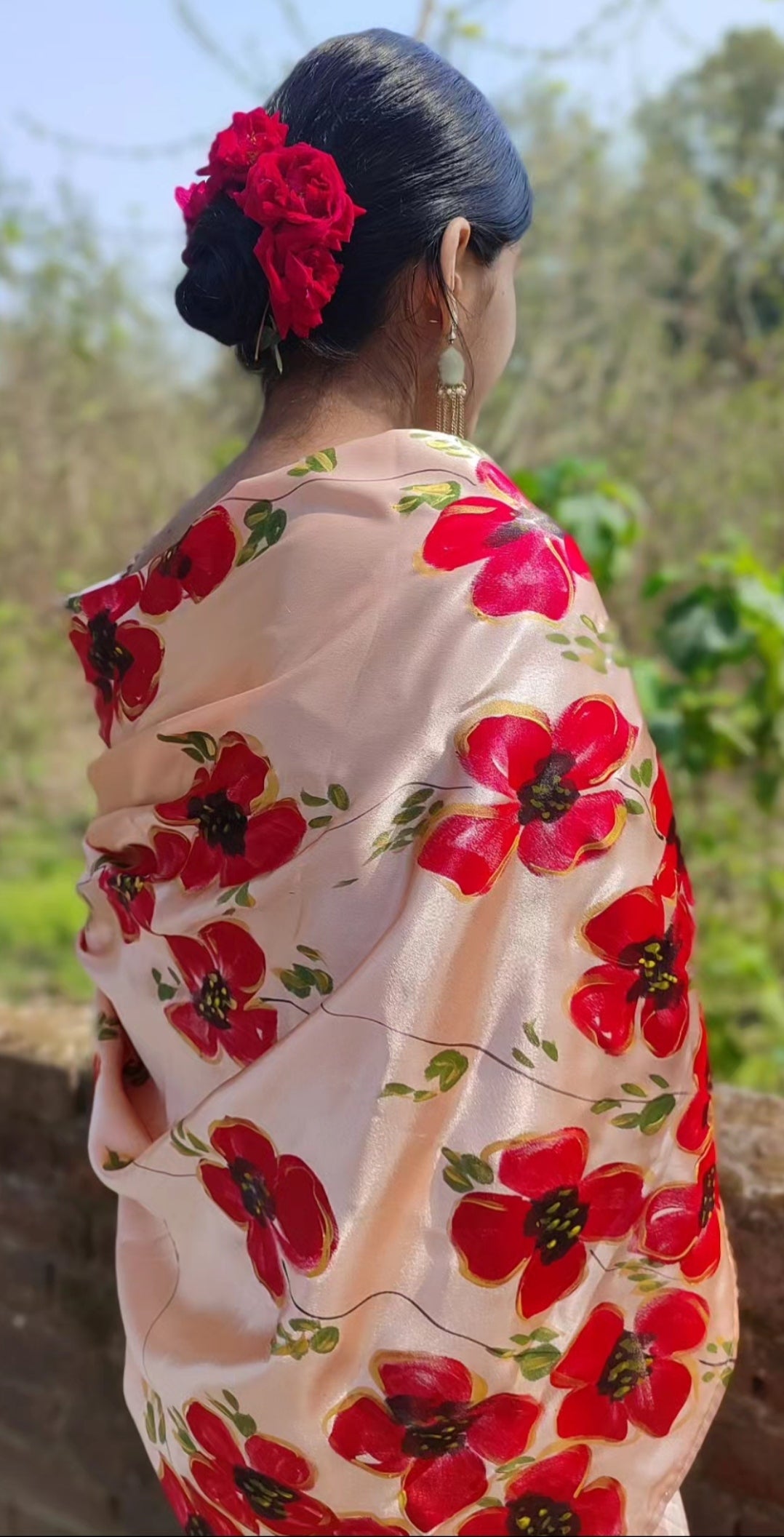 Peach Hand-painted silk saree with poppies flowers