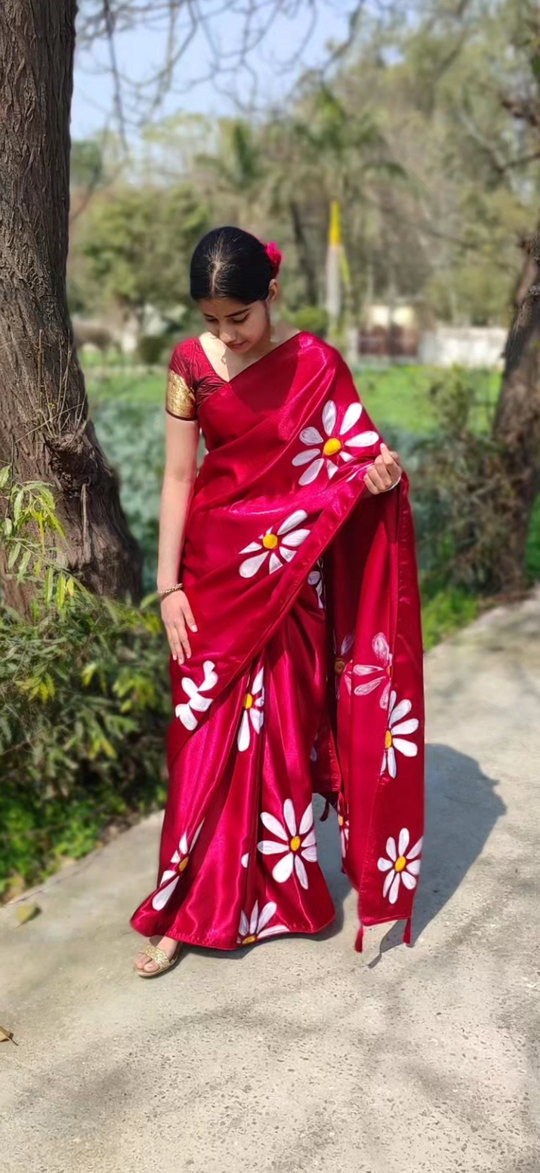 Mehroon Hand-painted  silk saree with tassels
