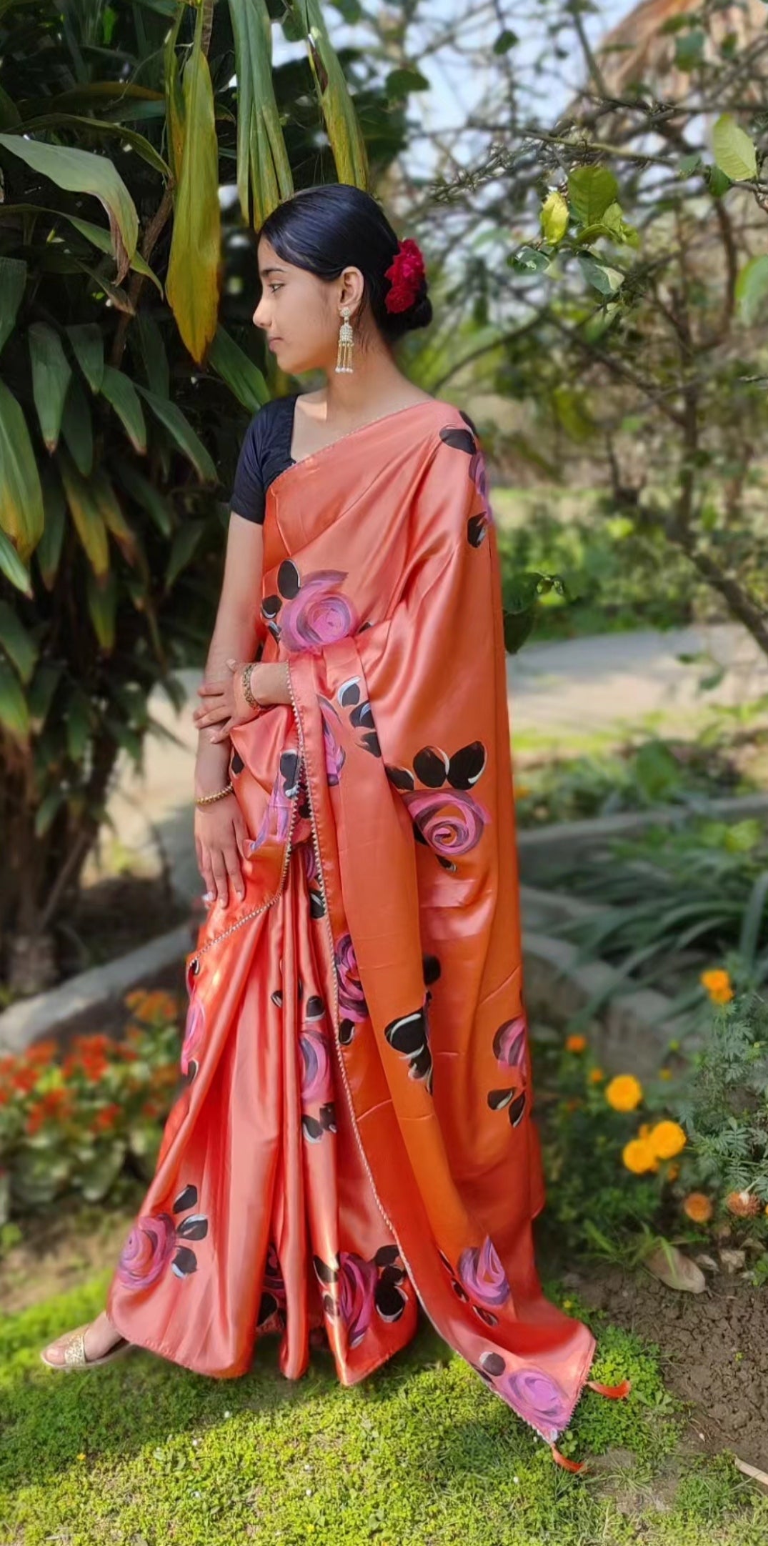 Rose gold Hand-painted silk saree