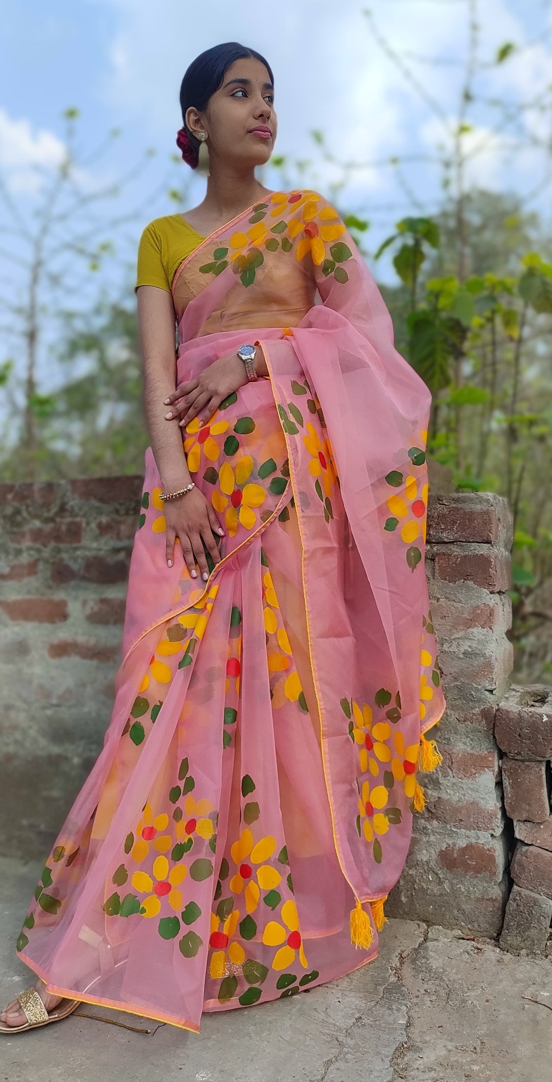 Peach Hand-painted organza saree with beautiful tassels