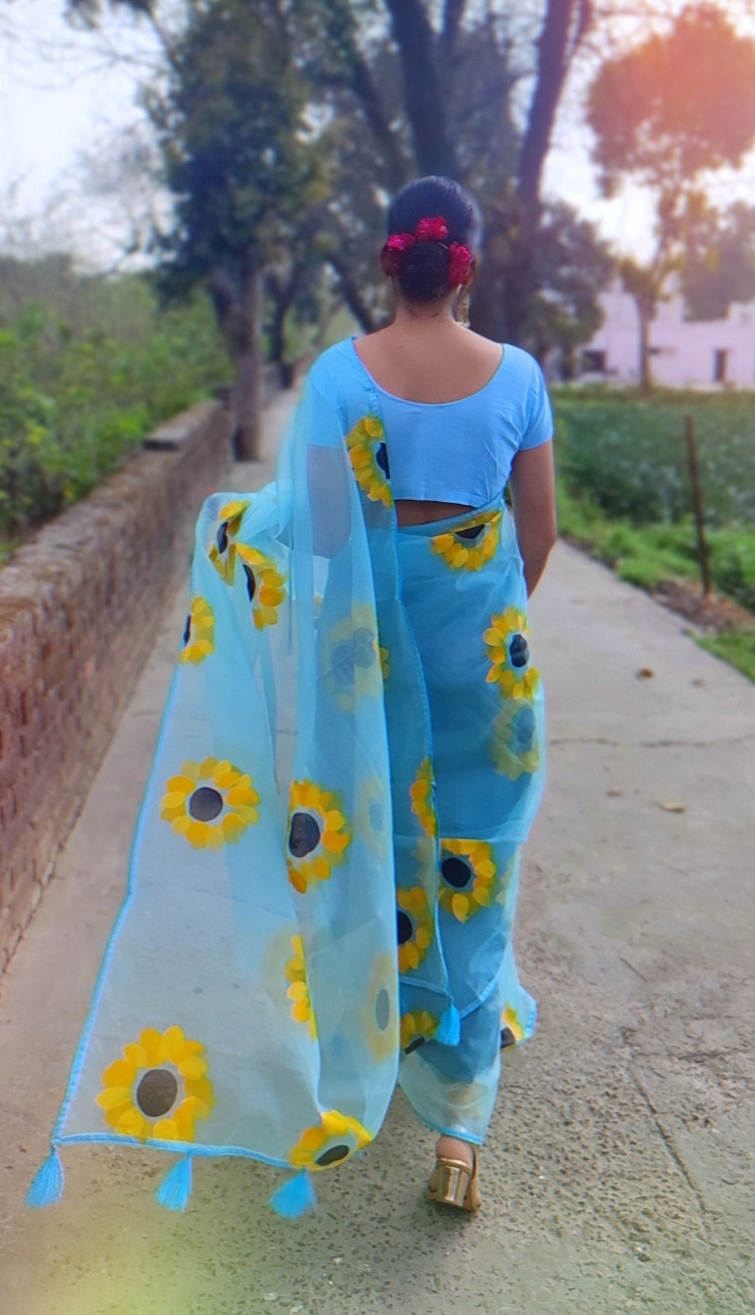 Sky blue Hand-painted organza saree with tassels