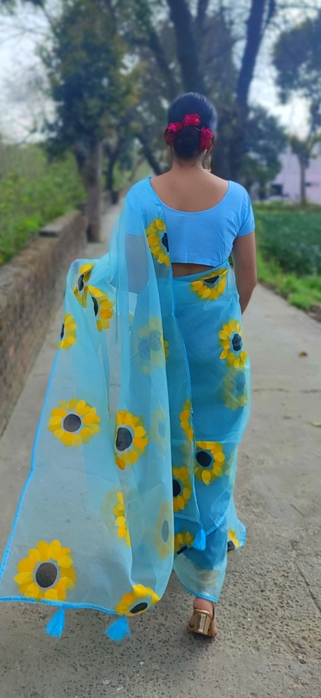 Sky blue Hand-painted organza saree with tassels