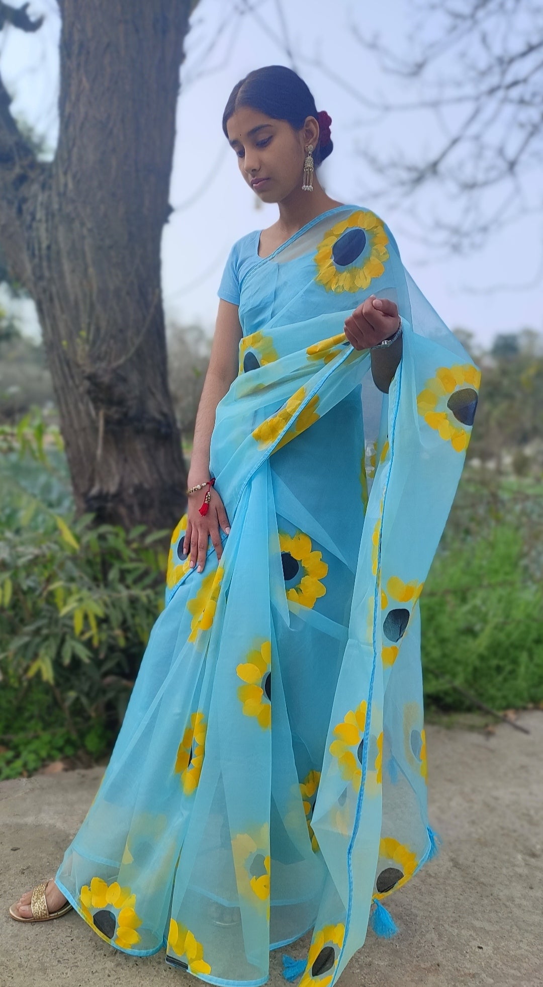 Sky blue Hand-painted organza saree with tassels