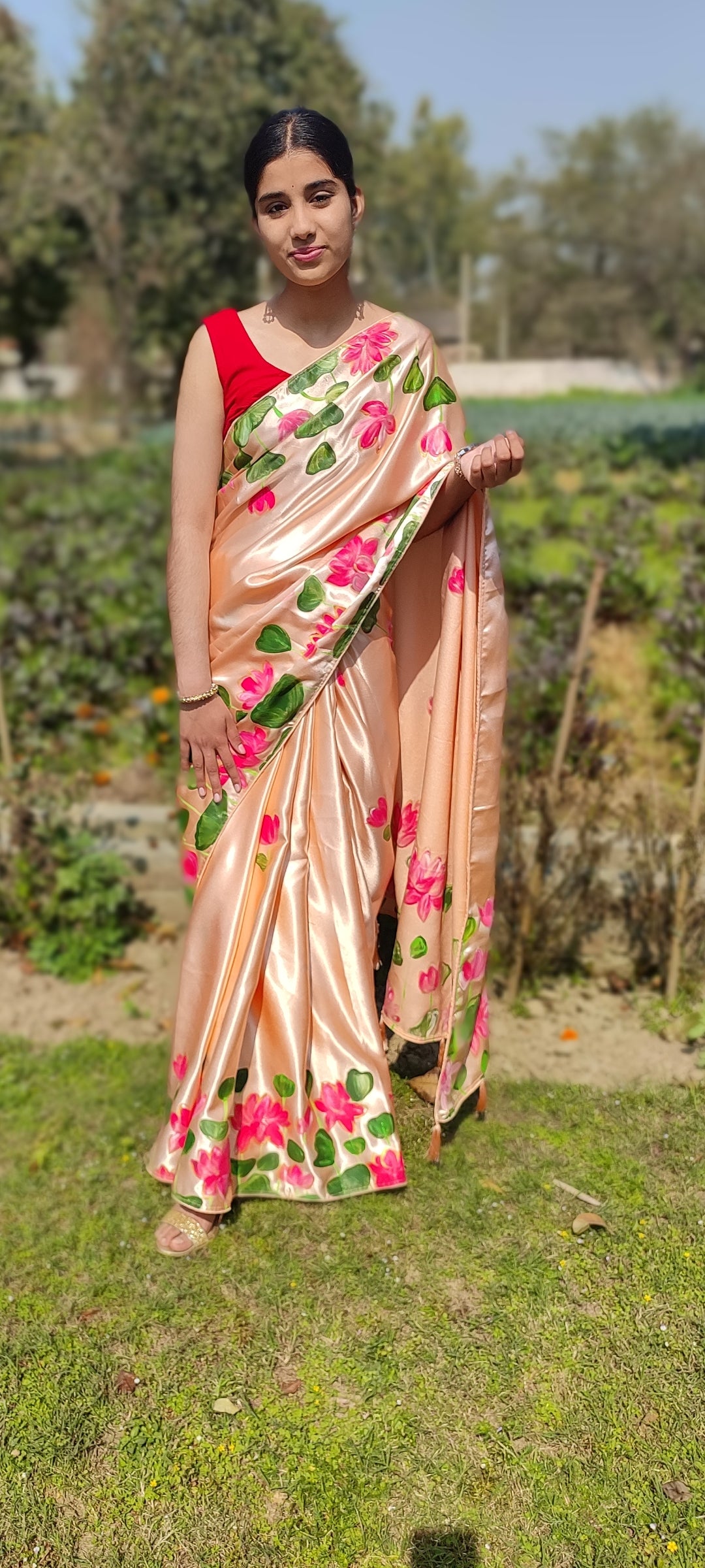 Peach Hand-painted  lotus silk saree