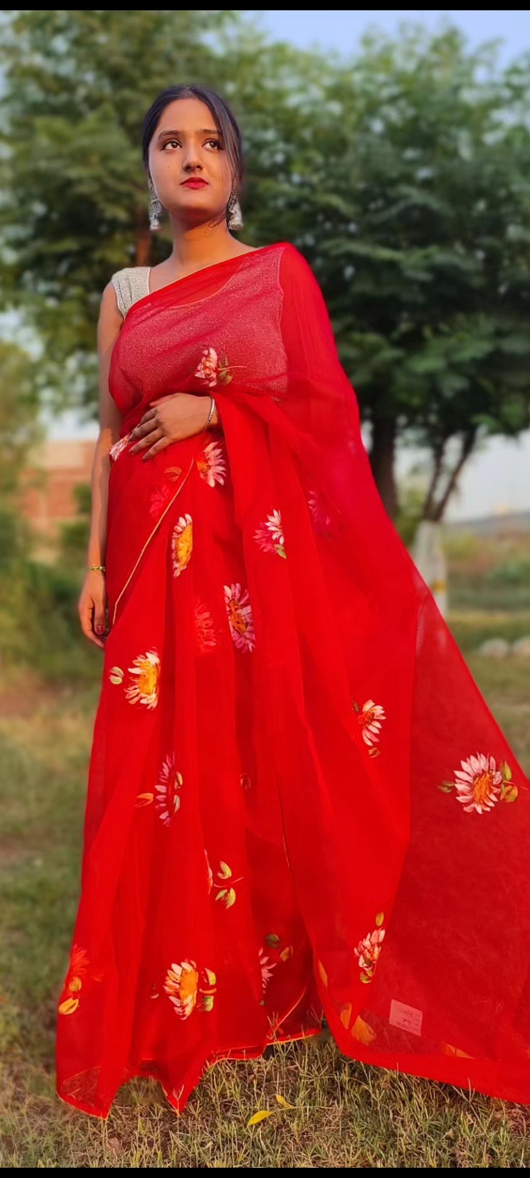 Red Hand-painted organza saree with tassels