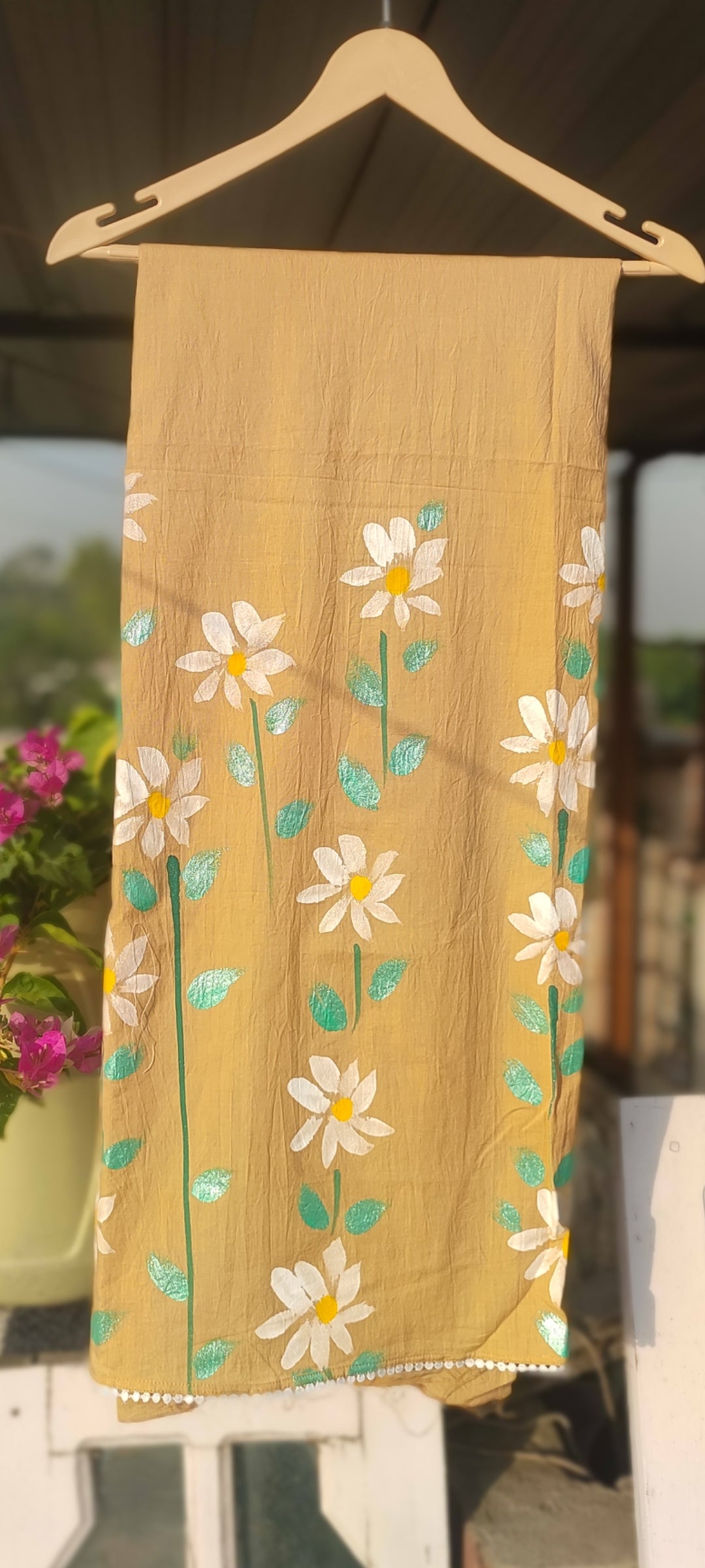Hand-painted white flowers brown cotton suit with kota dupatta
