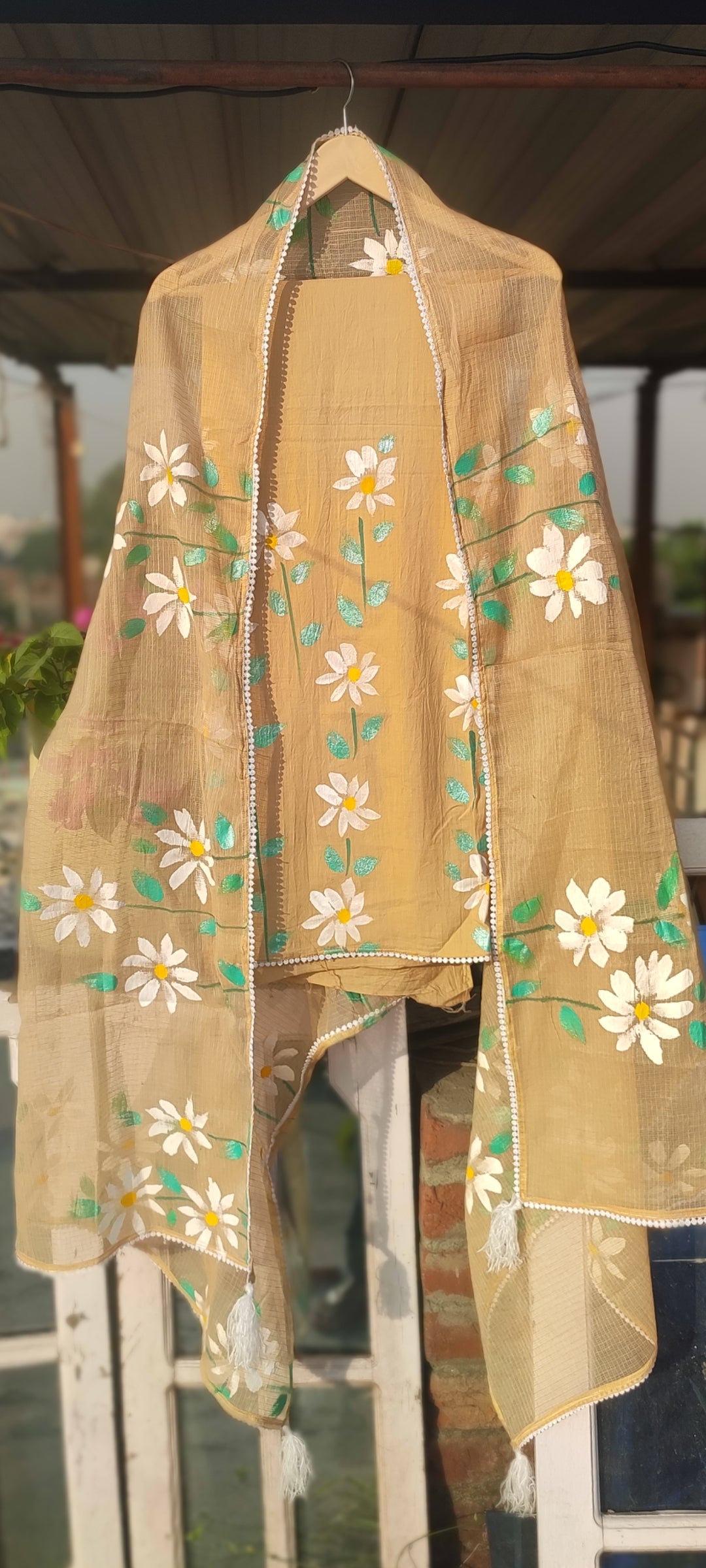 Hand-painted white flowers brown cotton suit with kota dupatta