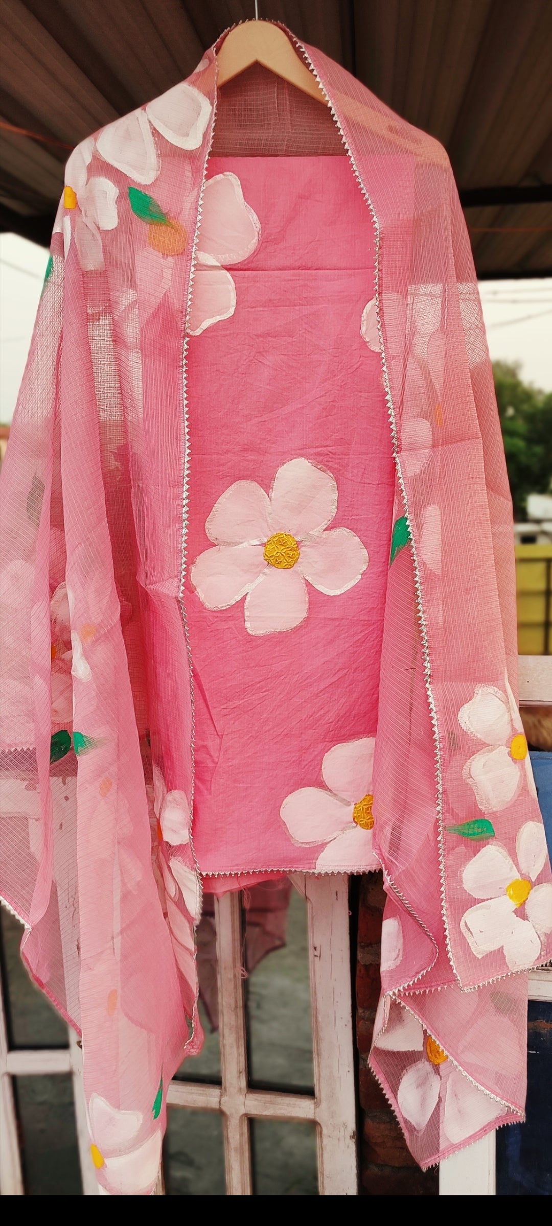 Hand-painted pink cotton suit with beautiful flowers