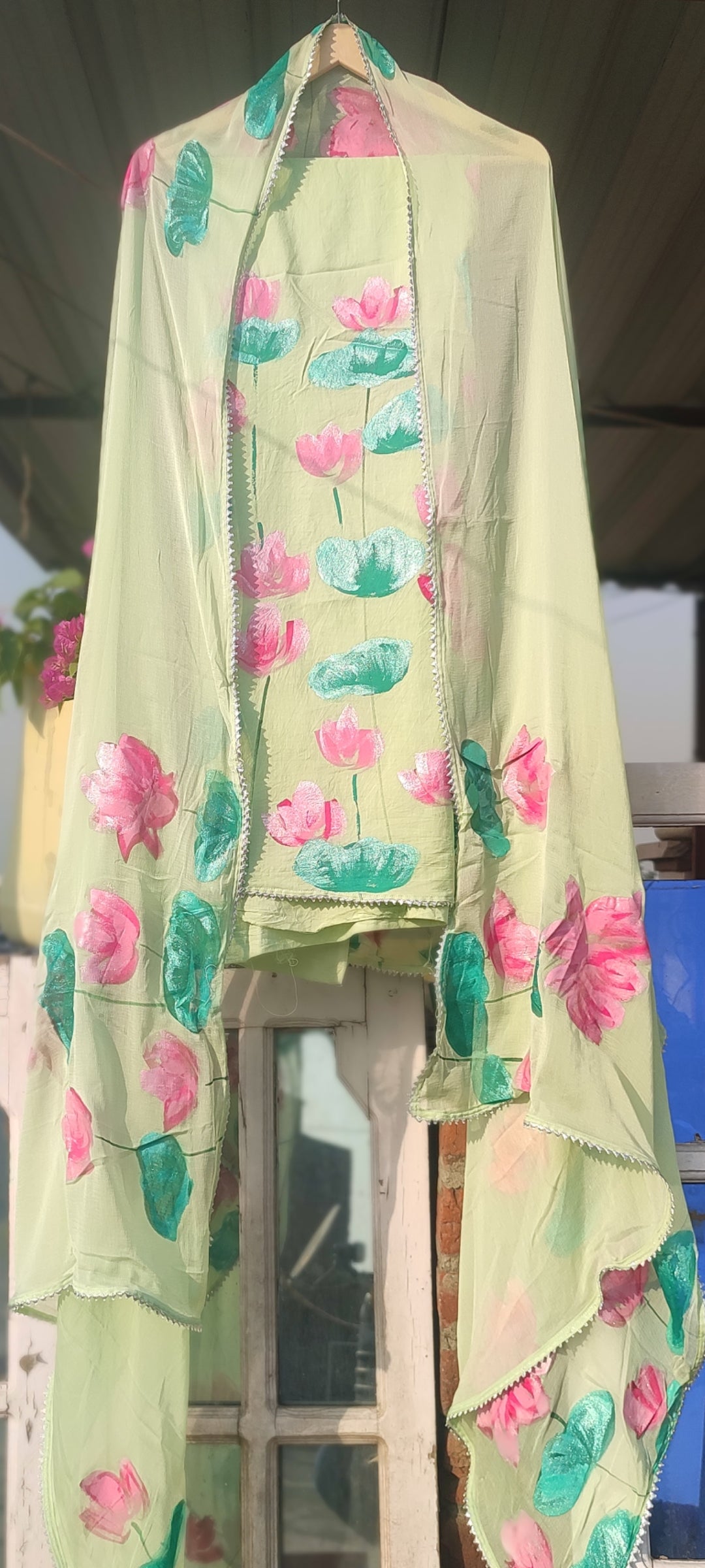 Hand painted lotus on pista cotton suit with pure chiffon dupatta