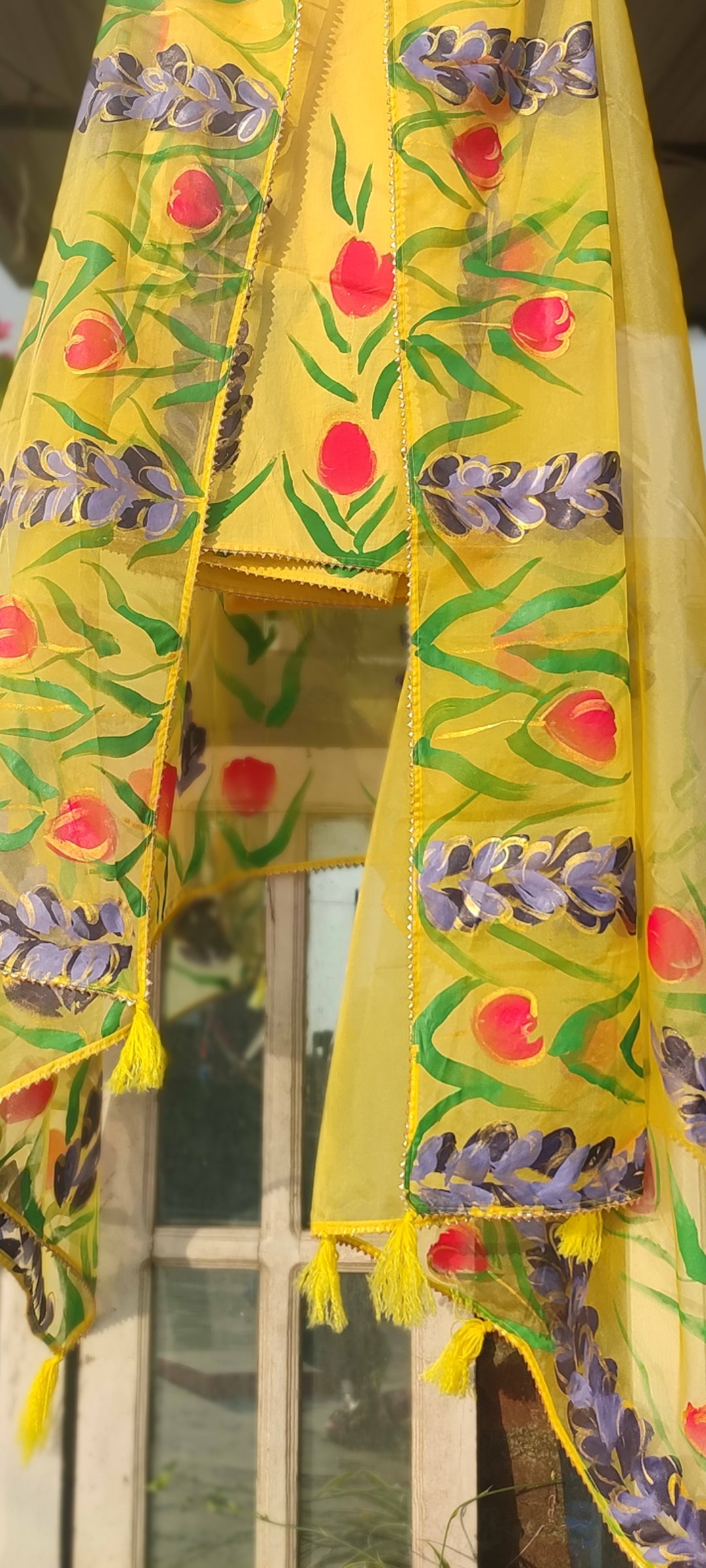 Hand-painted yellow suit with beautiful organza dupatta