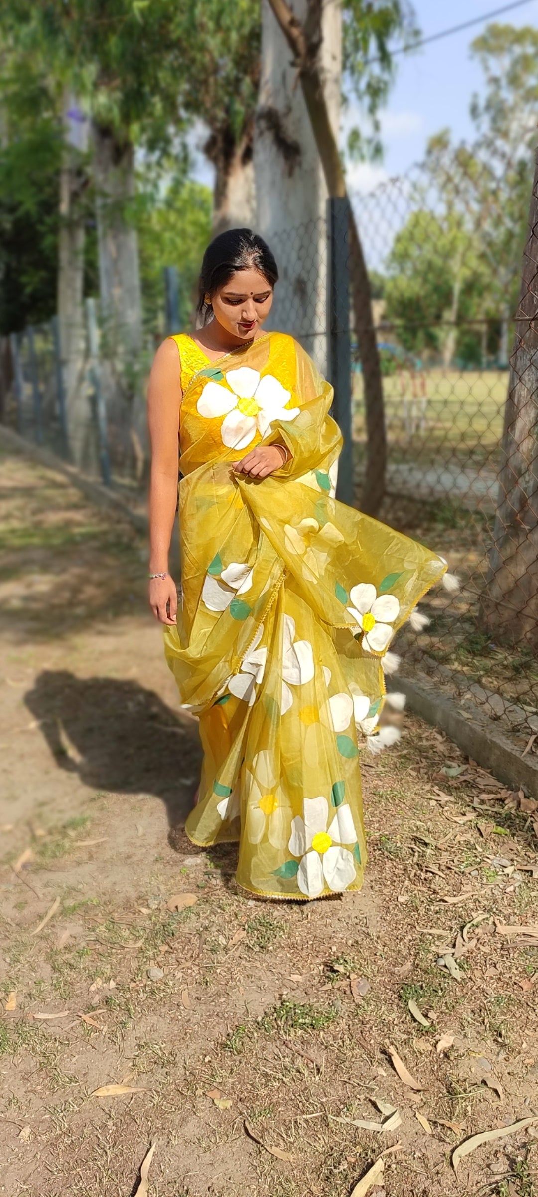 Handpainted mehndi organza saree with tassels