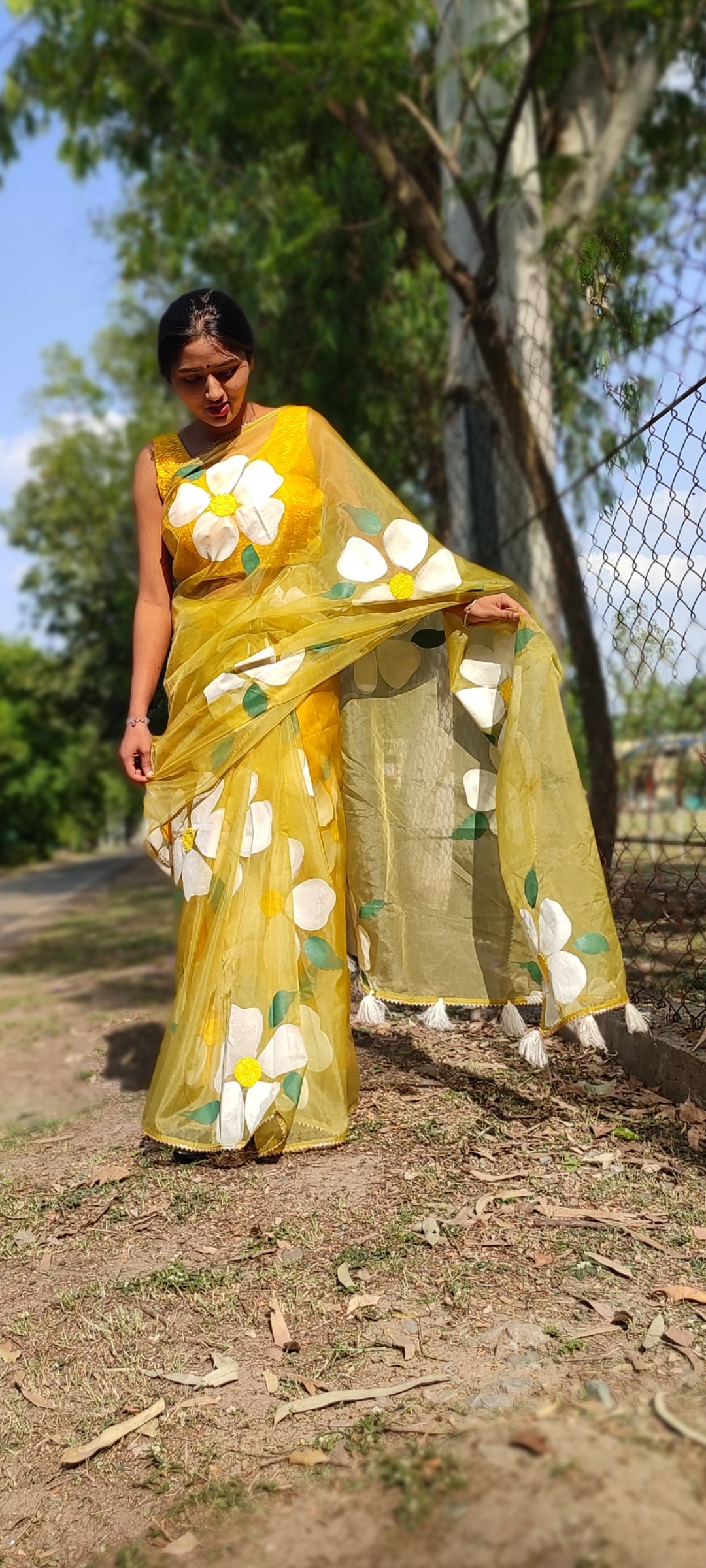 Handpainted mehndi organza saree with tassels
