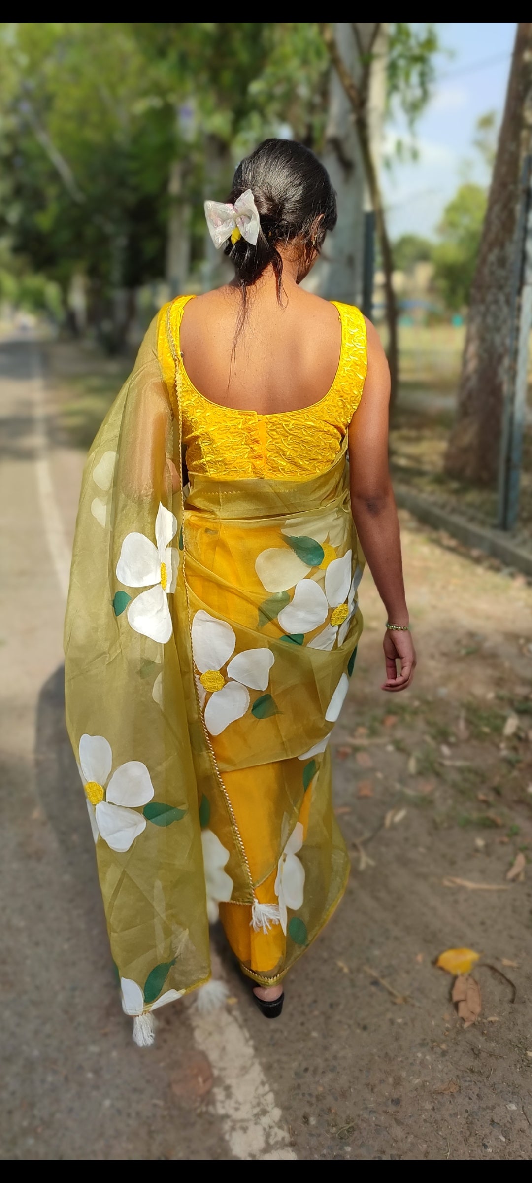 Handpainted mehndi organza saree with tassels