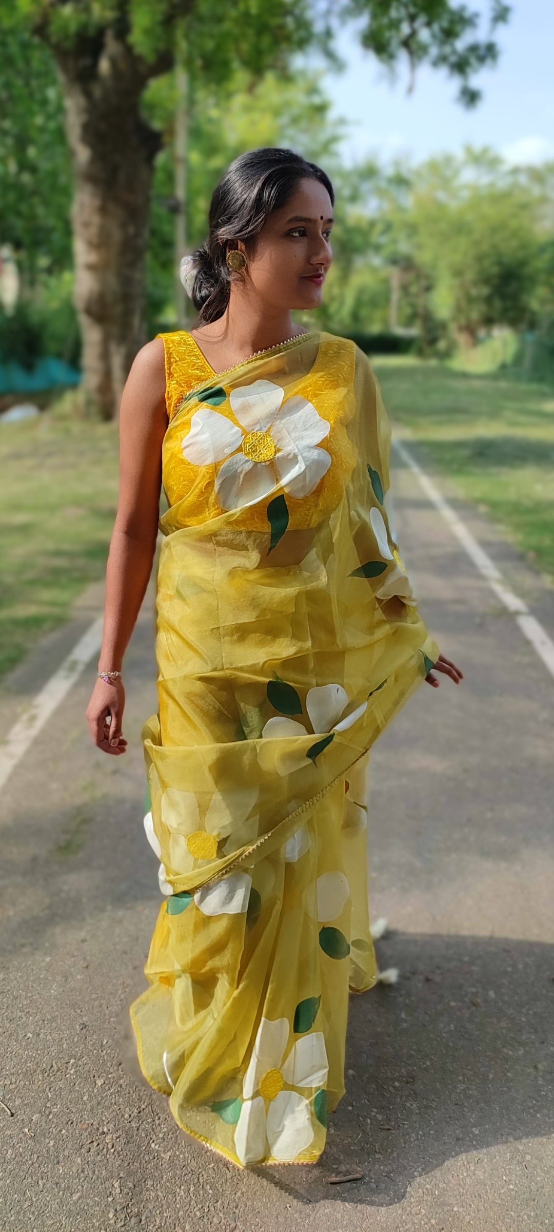 Handpainted mehndi organza saree with tassels