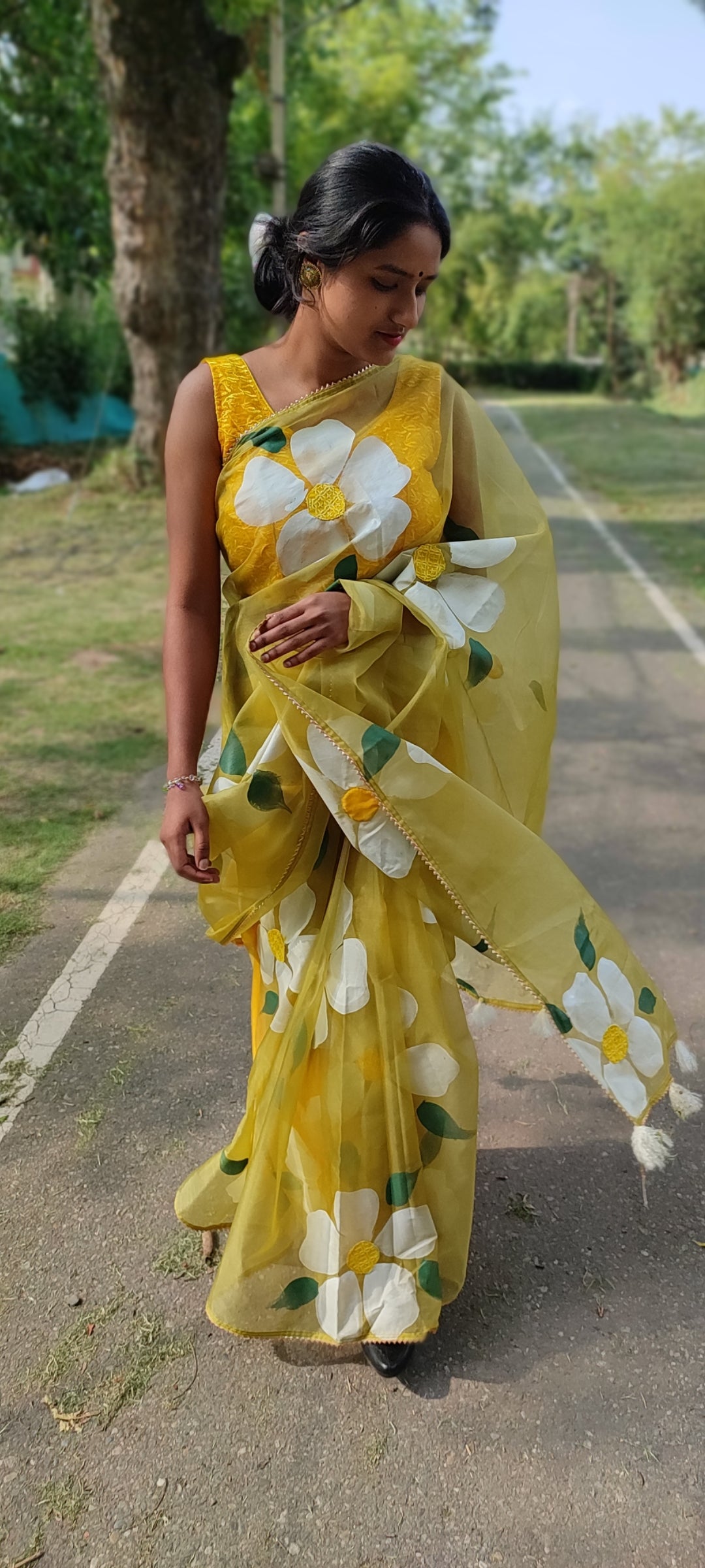 Handpainted mehndi organza saree with tassels