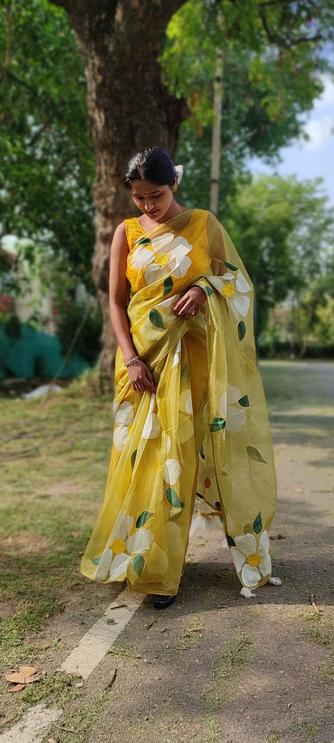 Handpainted mehndi organza saree with tassels