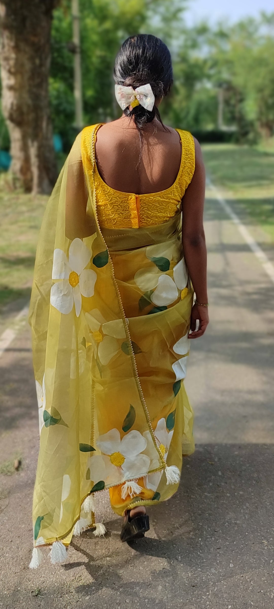 Handpainted mehndi organza saree with tassels