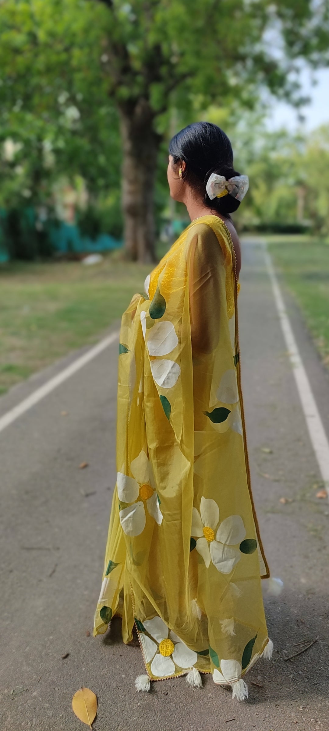 Handpainted mehndi organza saree with tassels