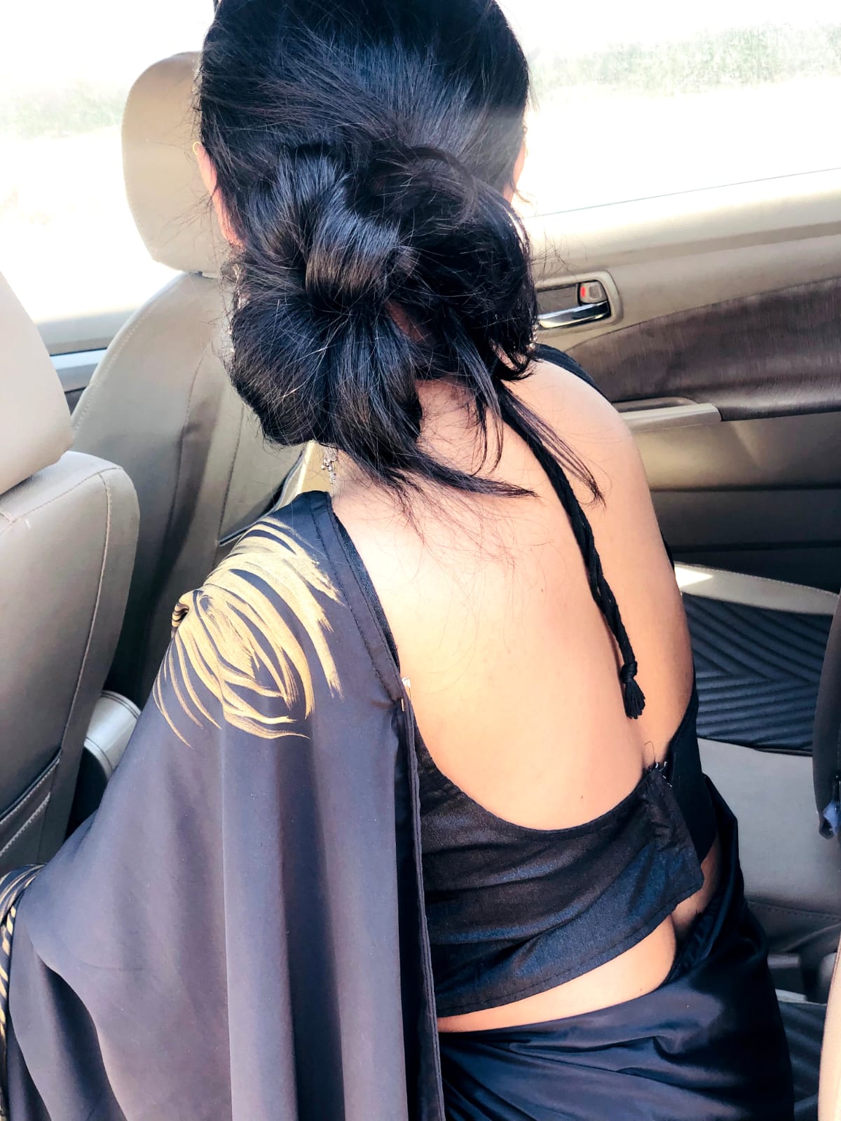 Black handpainted feather crepe silk saree