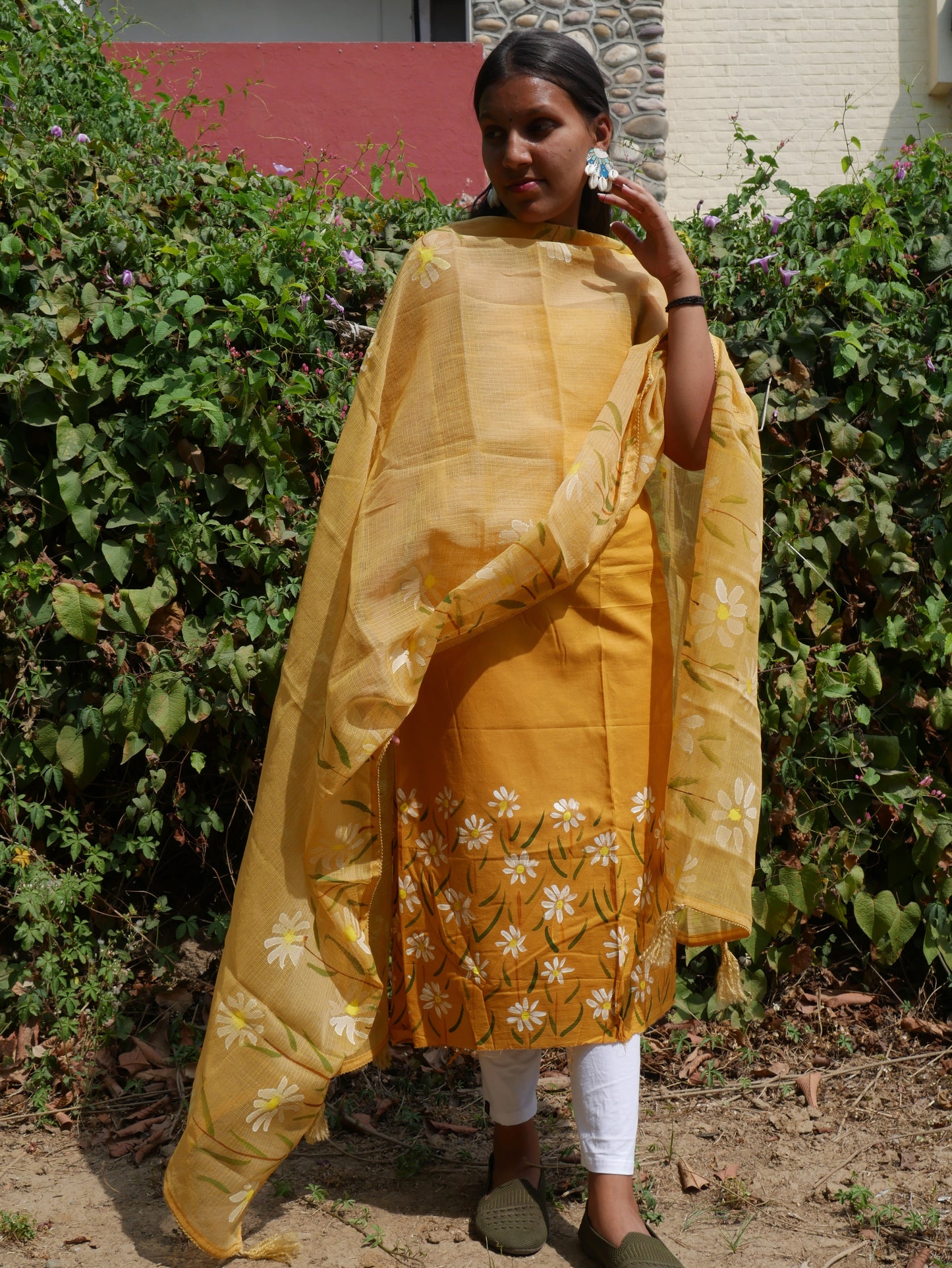 Khakhi brown handpainted white motifs on cotton and kota doria dupatta