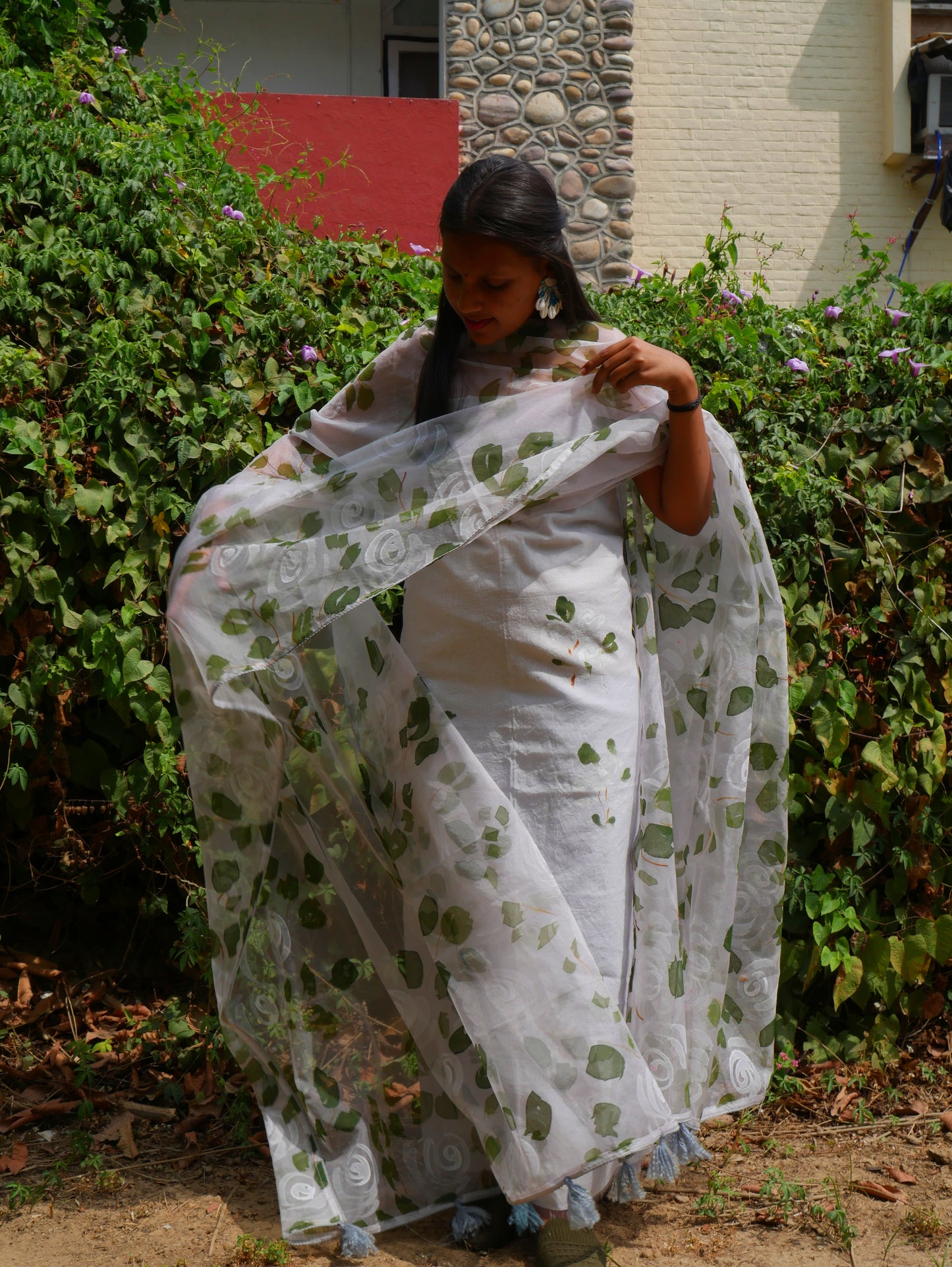 Handpainted white roses on chanderi suit with organza dupatta