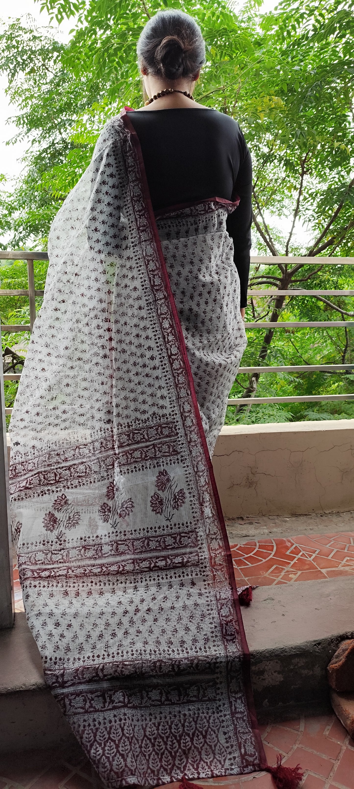 Grey Hand block pure kota saree with tassels