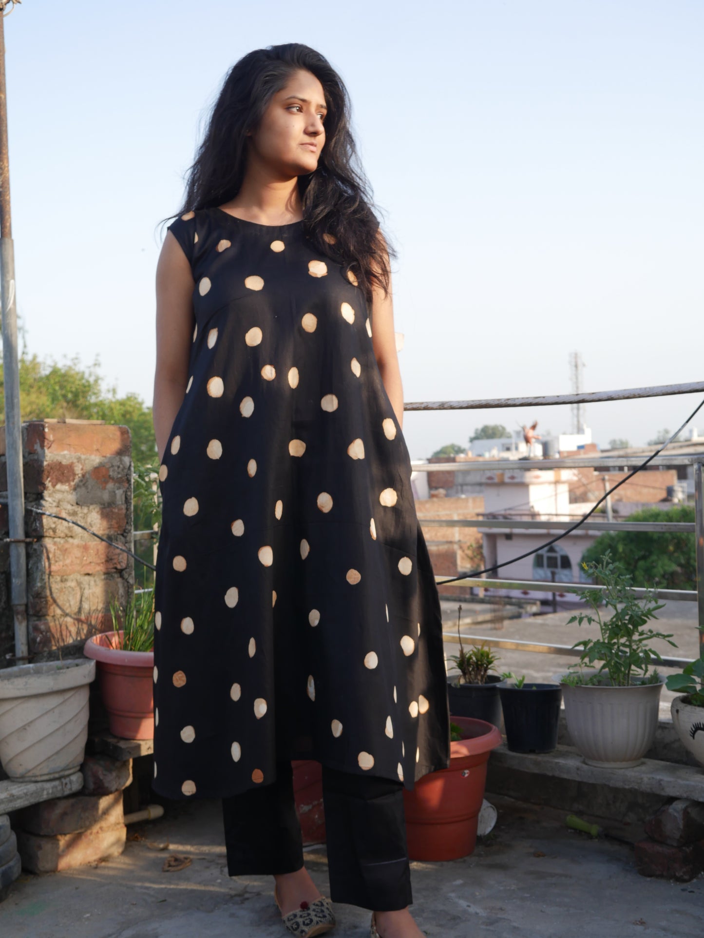 Black polka dot cotton A line kurti
