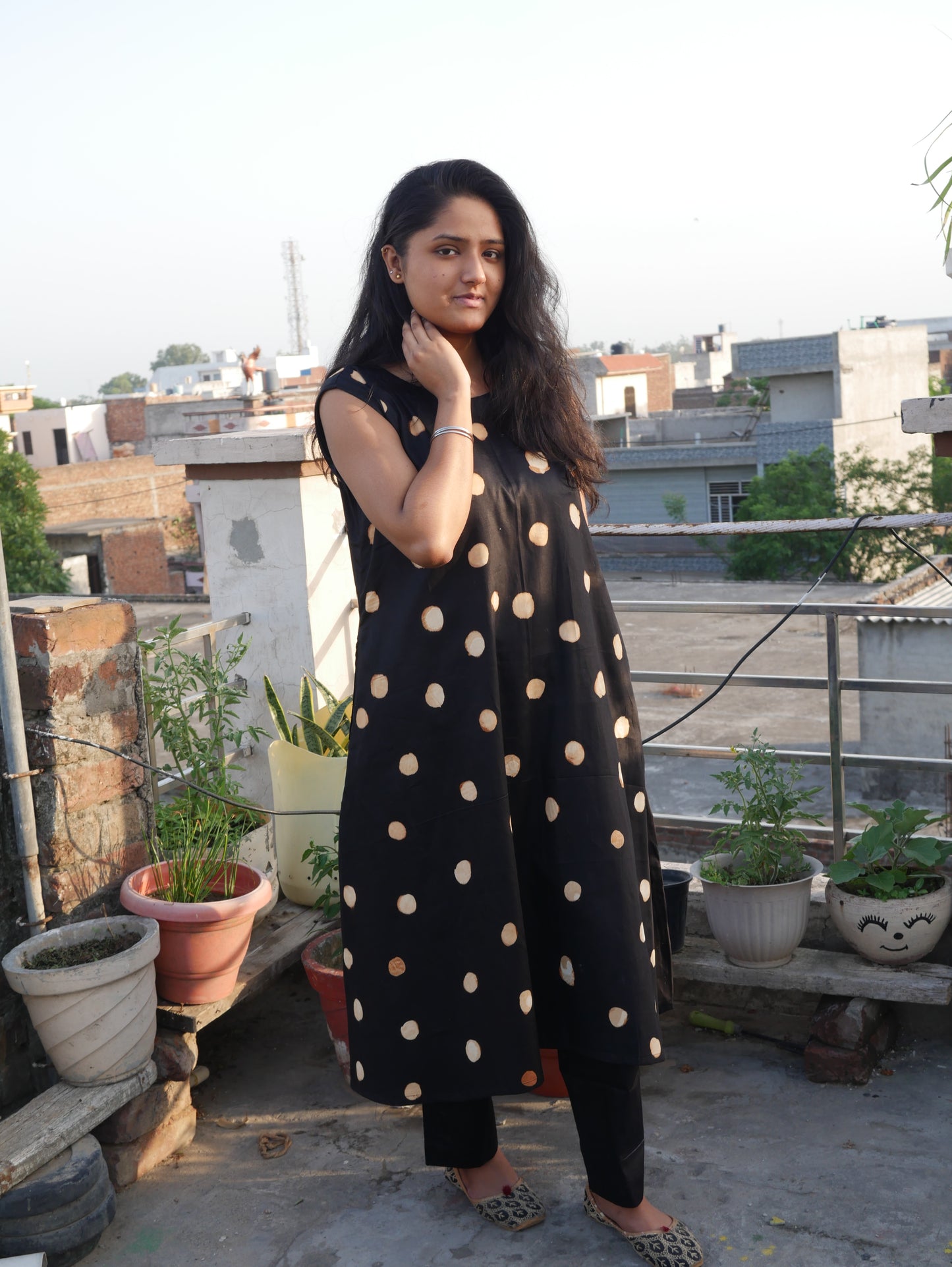 Black polka dot cotton A line kurti