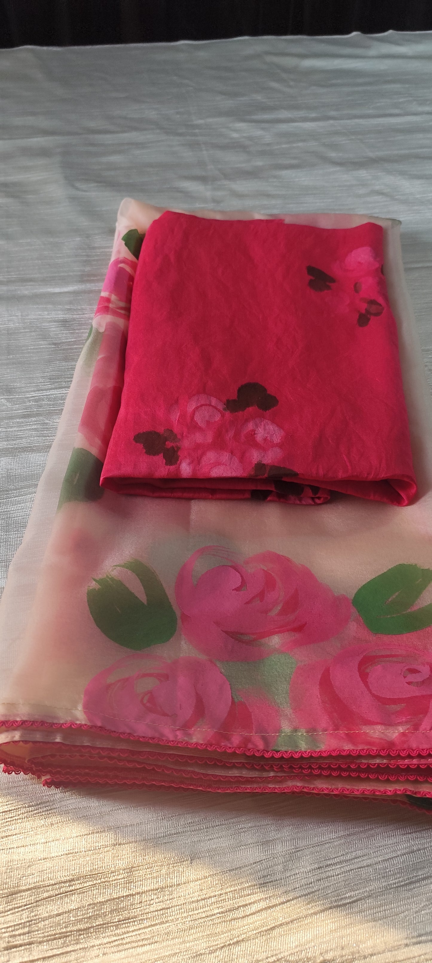 Handpainted pink roses on chanderi suit and organza dupatta