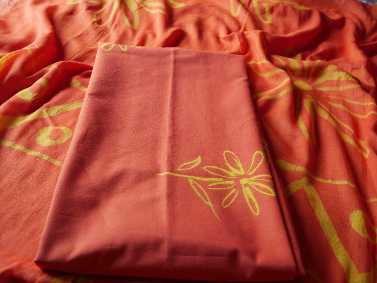 Orange pure cotton handblock shibori suit