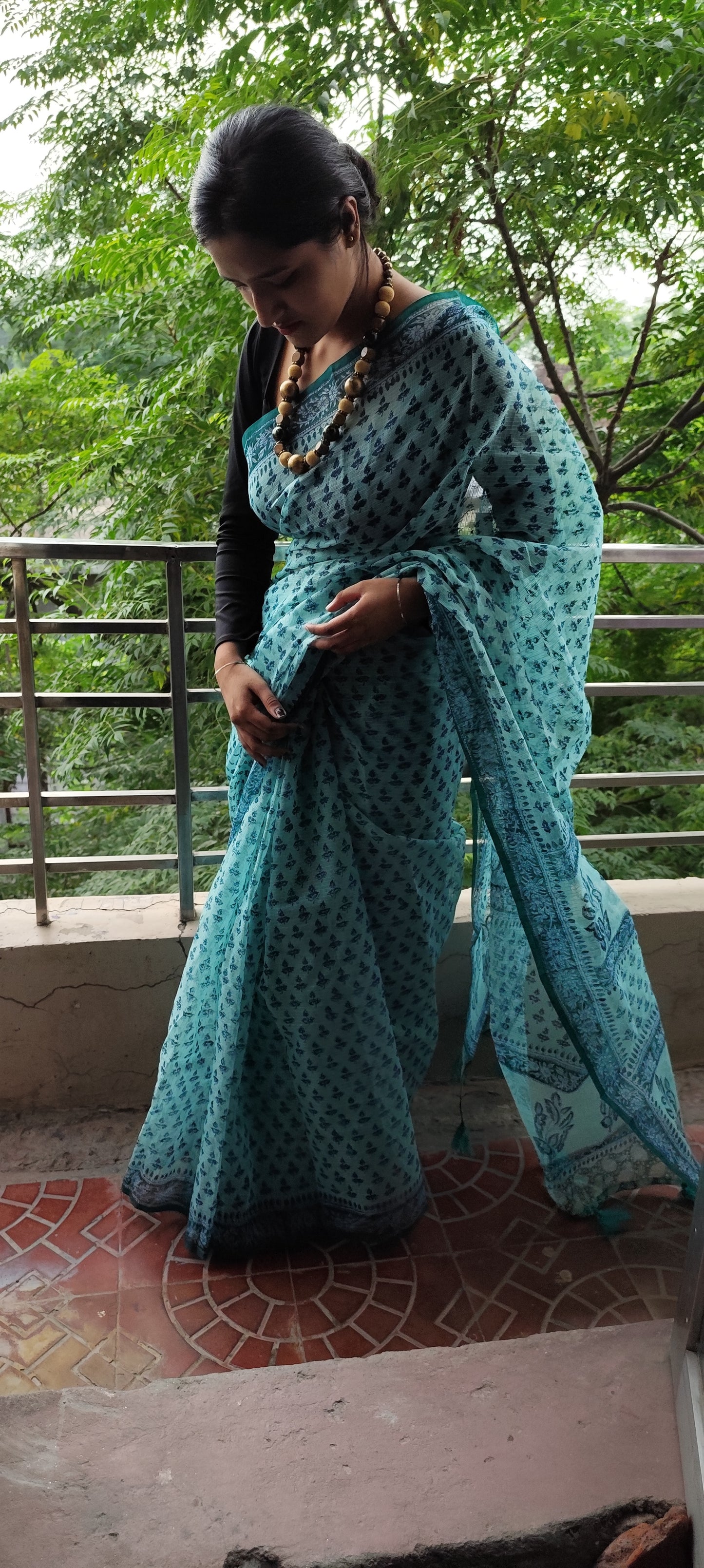 Blue Hand block pure kota saree with tassels