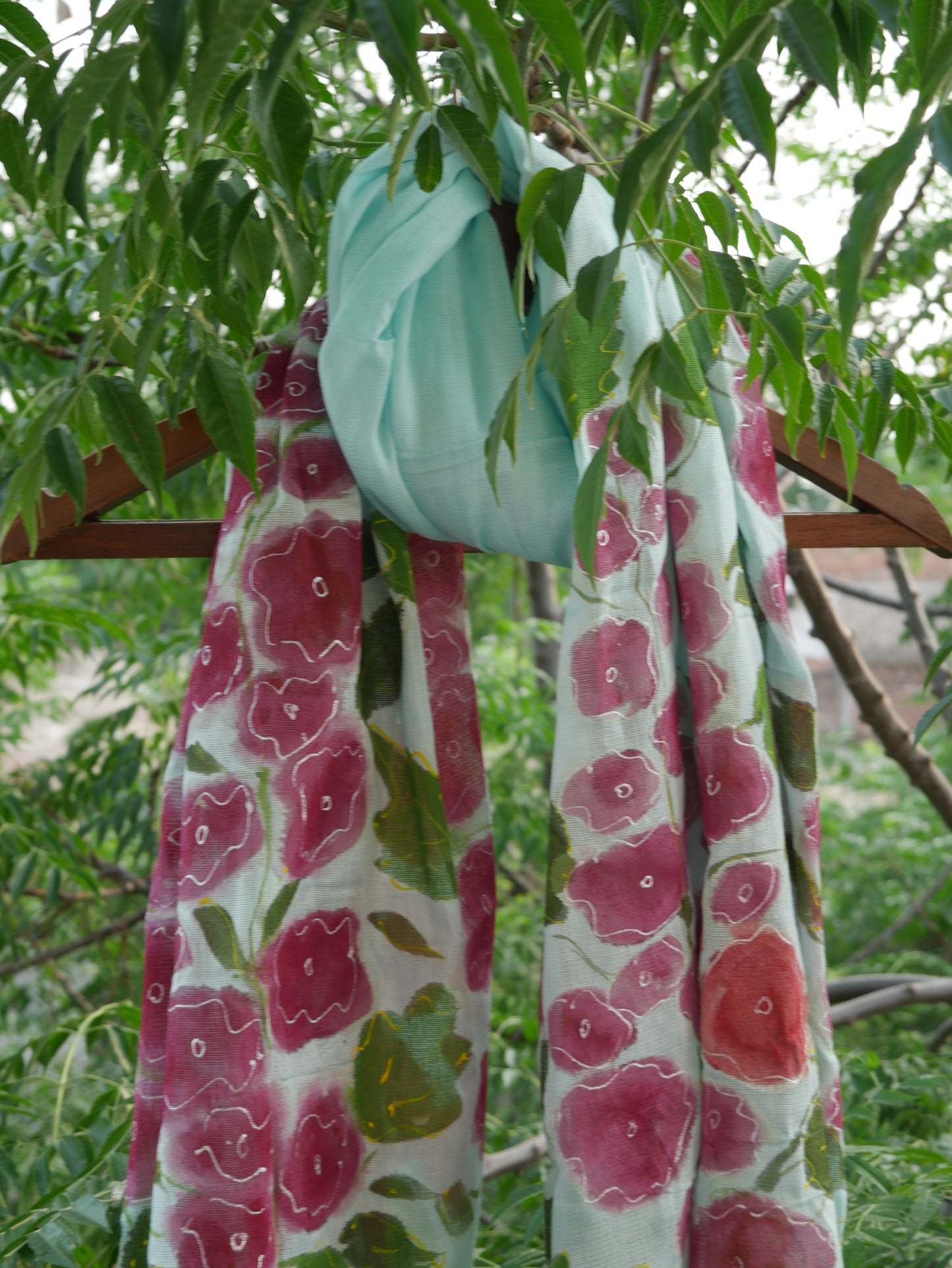 Blue handpainted hollihock flowers scarf
