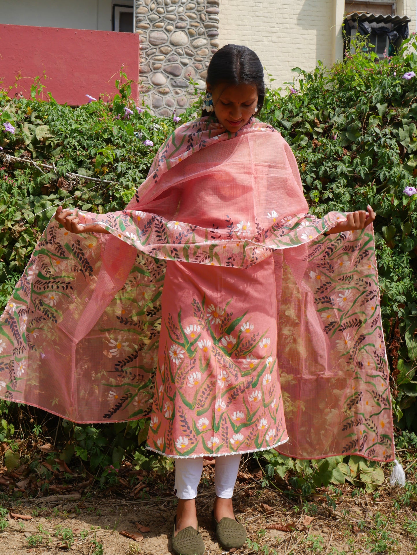 Hand-painted white flowers on peach cotton suit with kota doria dupatta