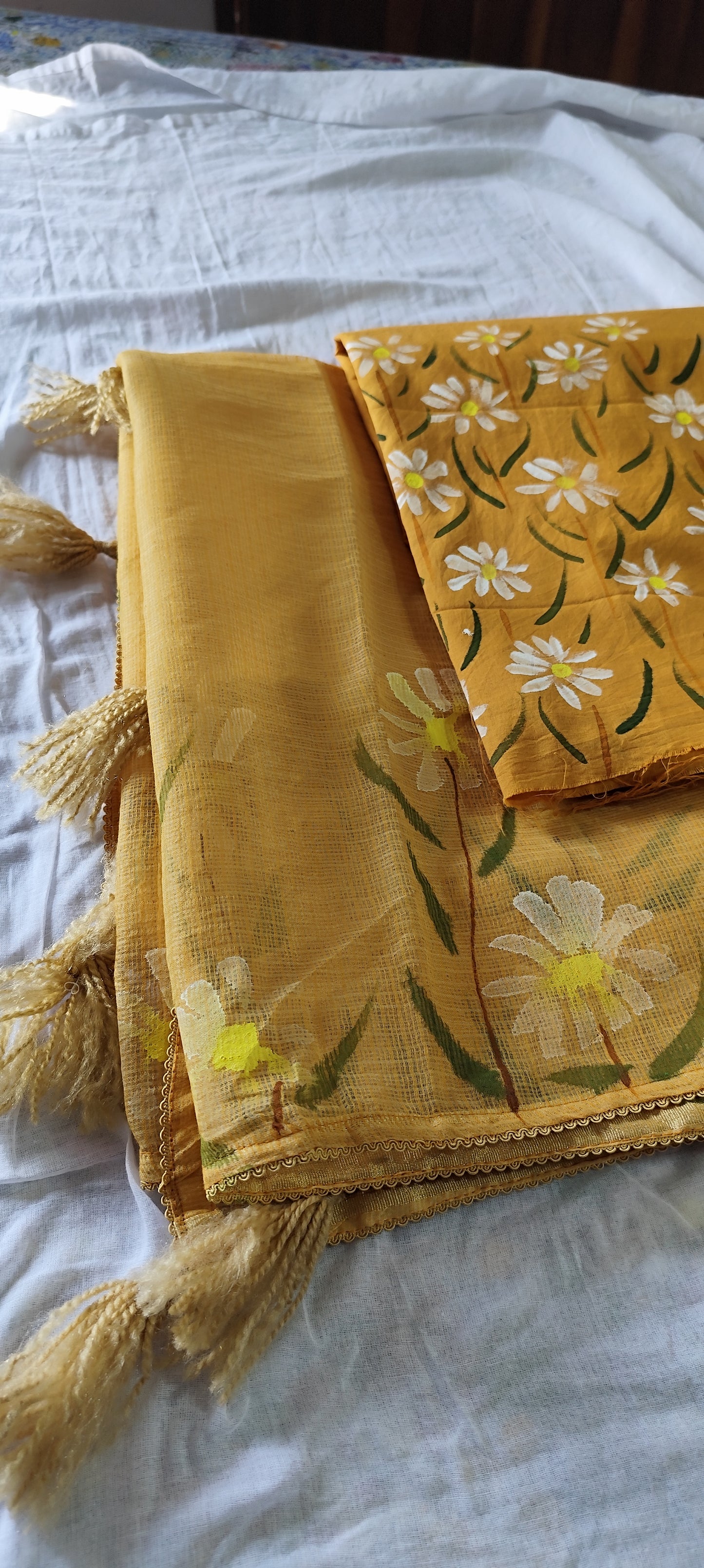 Khakhi brown handpainted white motifs on cotton and kota doria dupatta