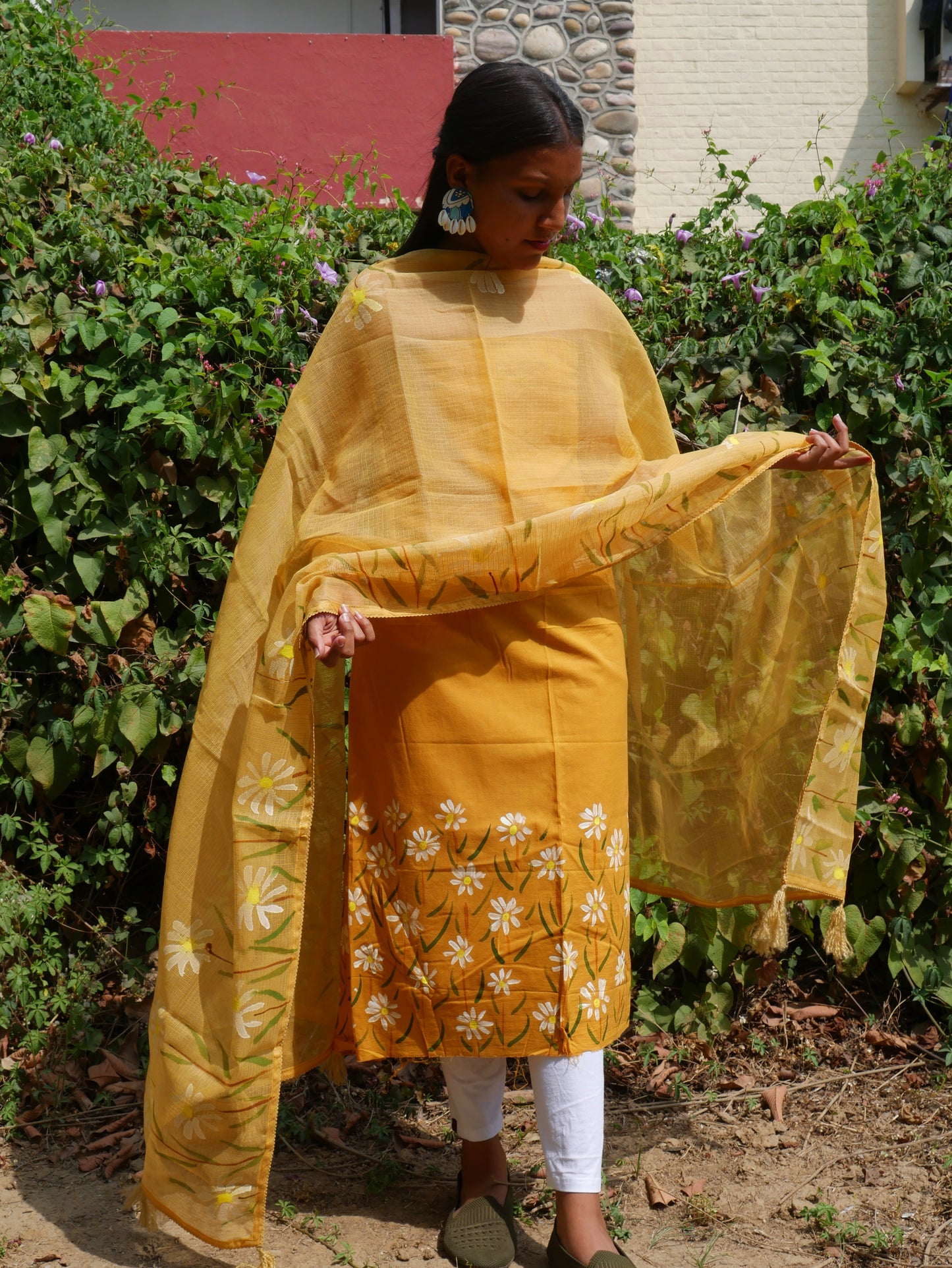 Khakhi brown handpainted white motifs on cotton and kota doria dupatta