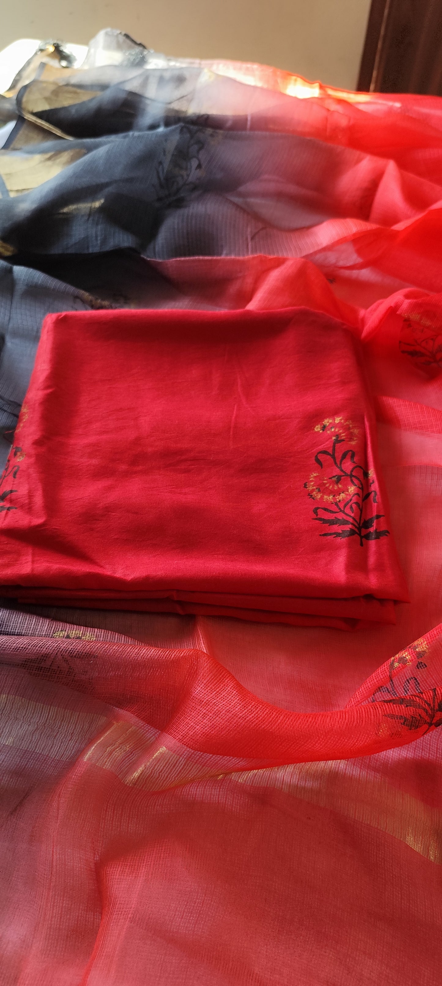 Red chanderi handblock suit with kota silk dupatta