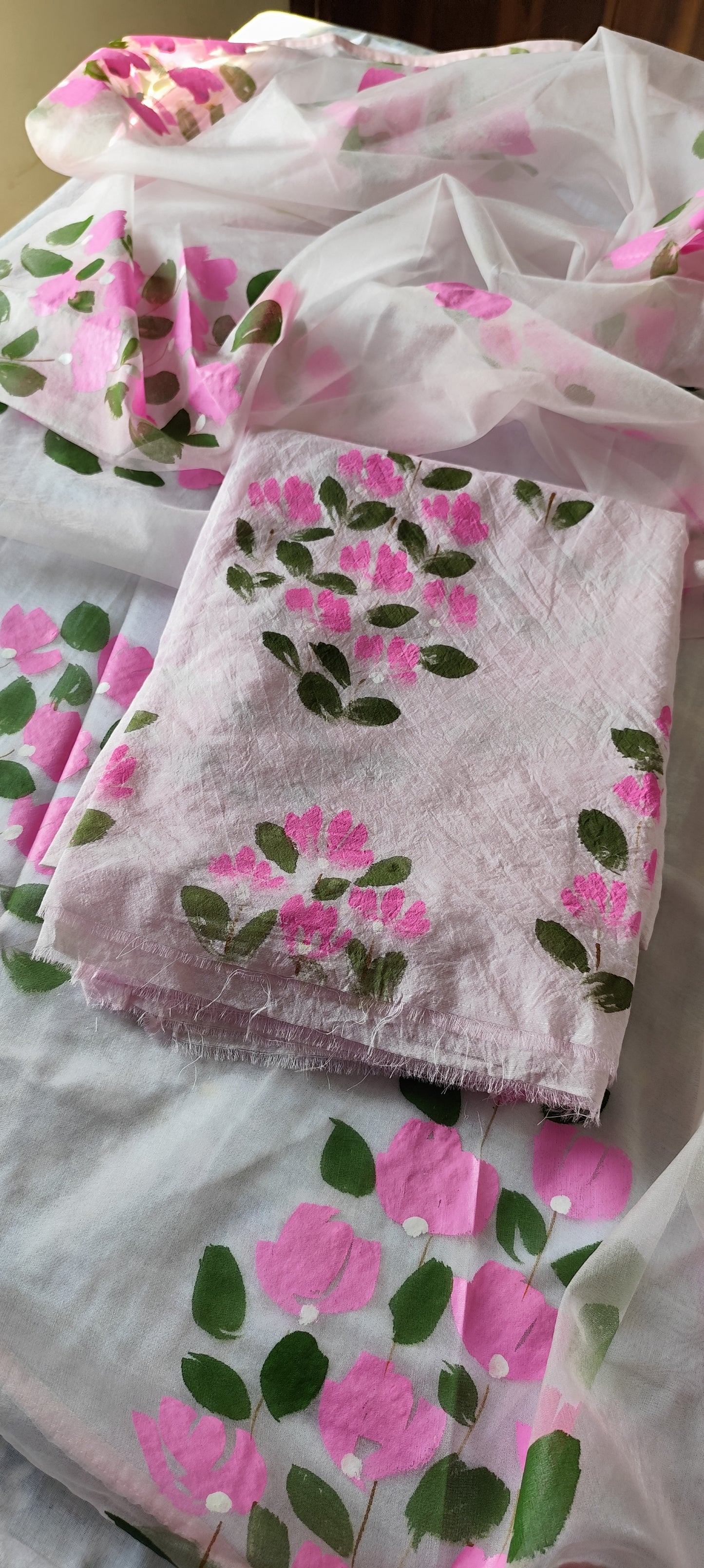 Hand painted bougainvillea on chanderi and organza dupatta