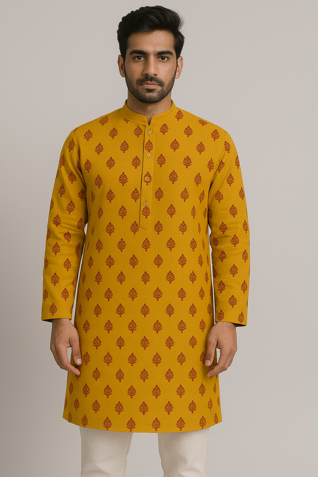 Yellow handblock kurta for men
