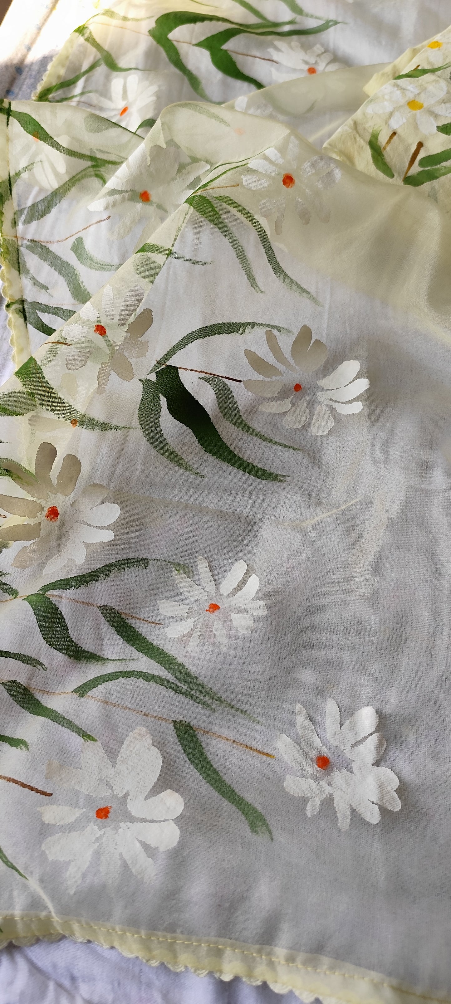 Pista green Handpainted white motifs on chanderi and organza dupatta.