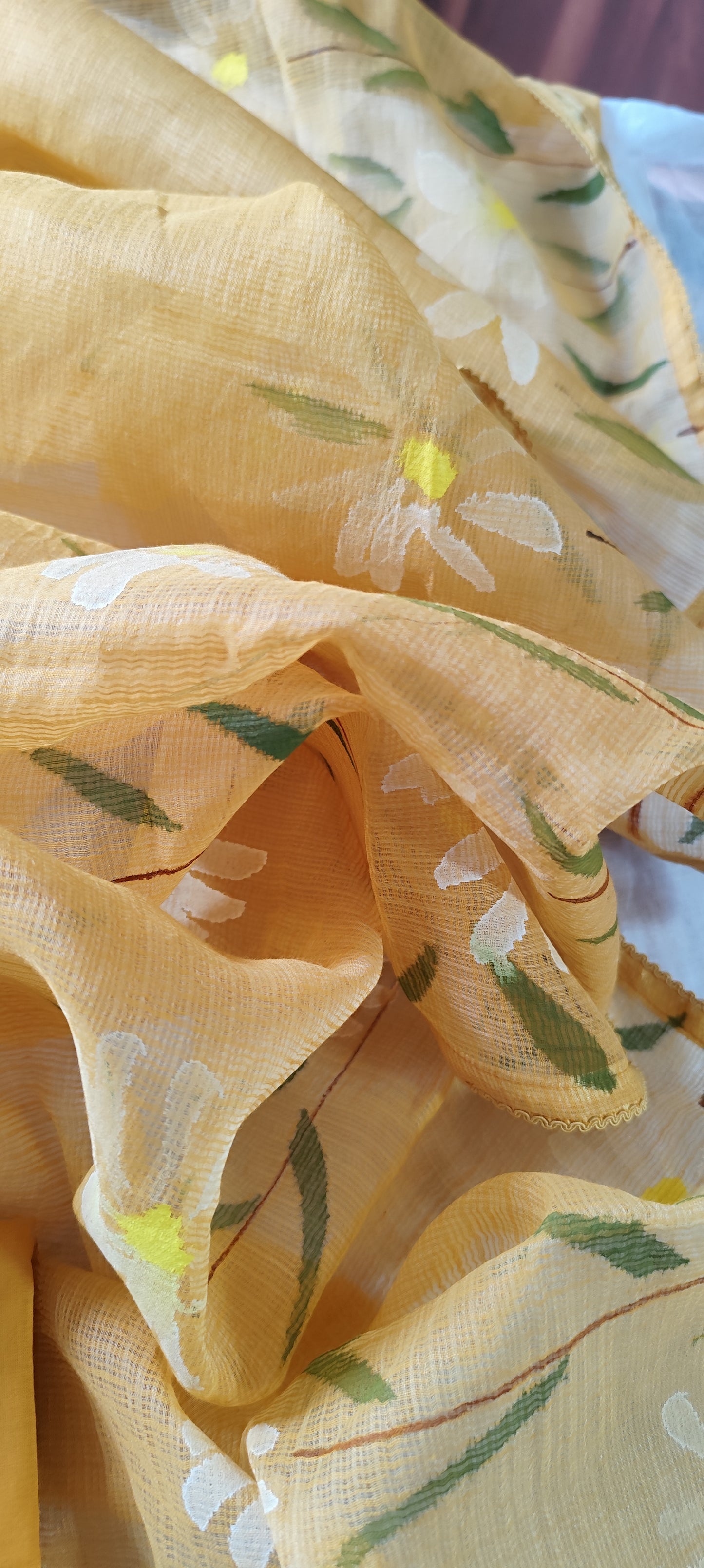 Khakhi brown handpainted white motifs on cotton and kota doria dupatta