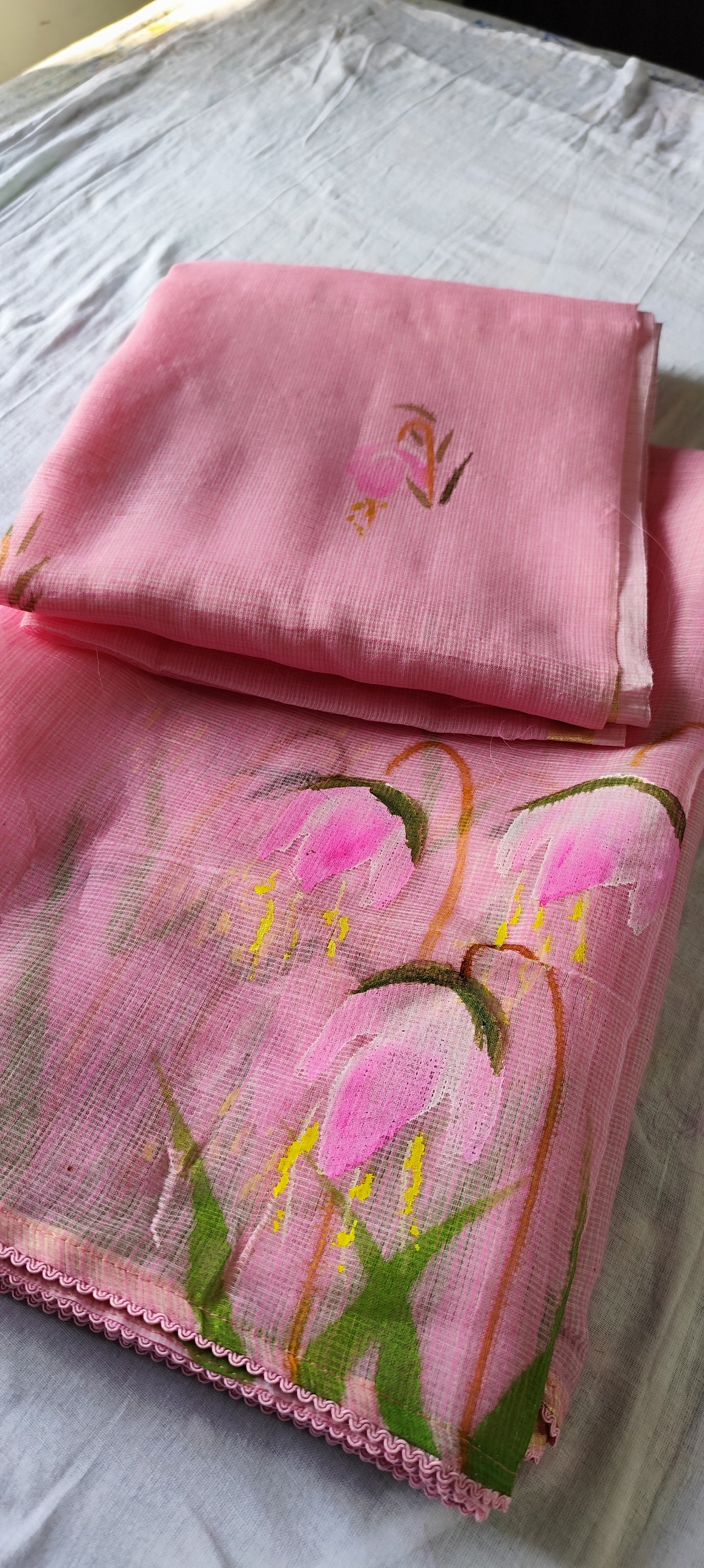 Hand painted pink blossoms flower on kota doria.