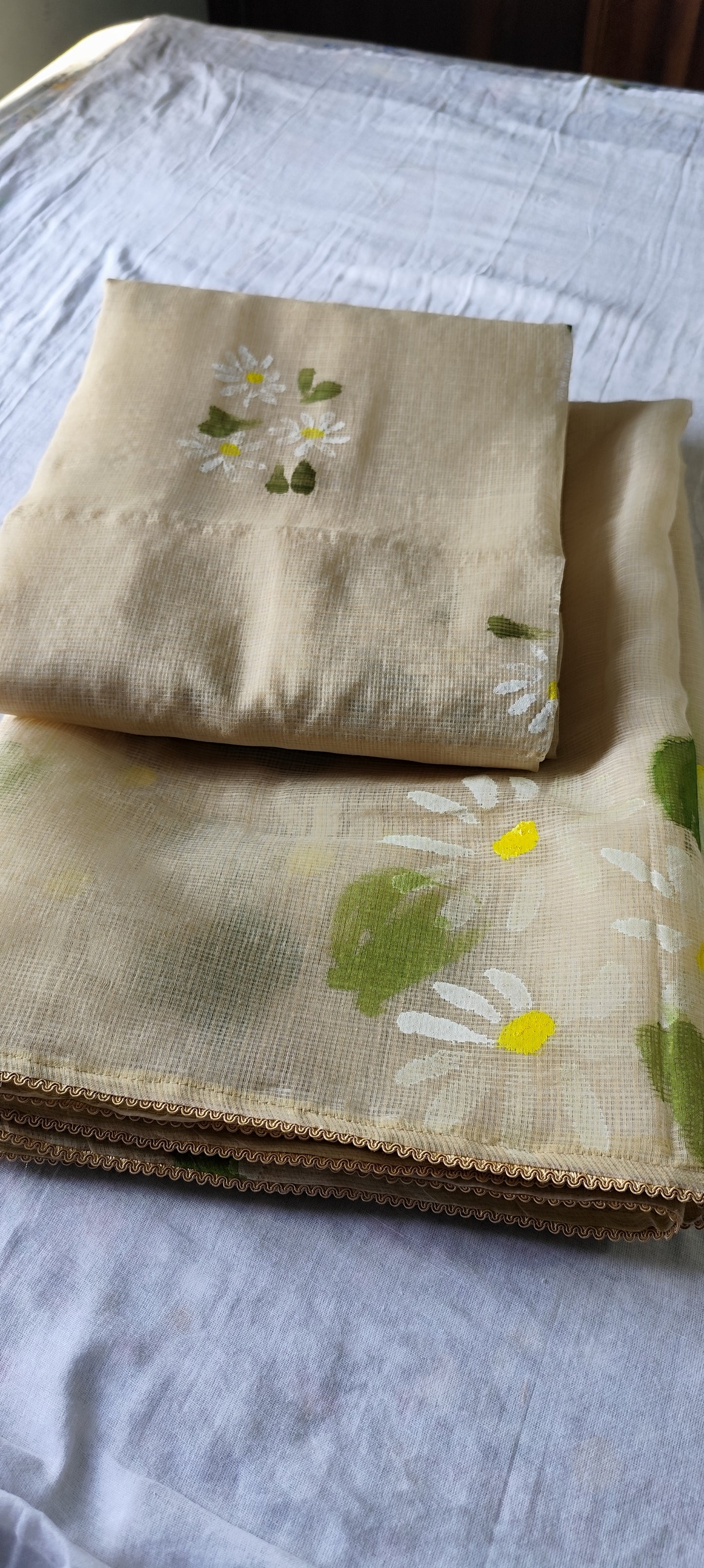 Handpainted motifs on beige kota doria suit