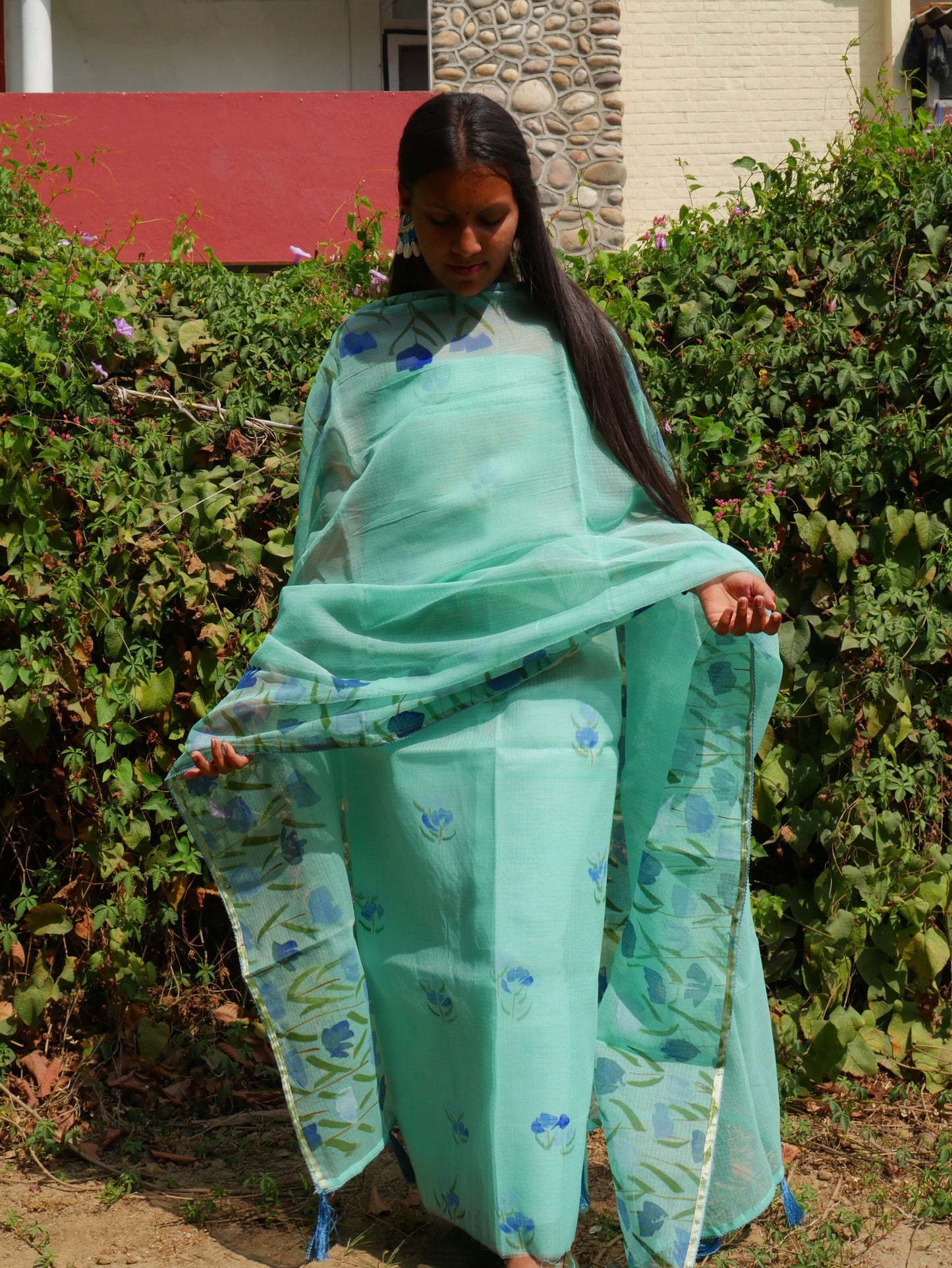 Turquoise blue hand painted blossoms on kota doria