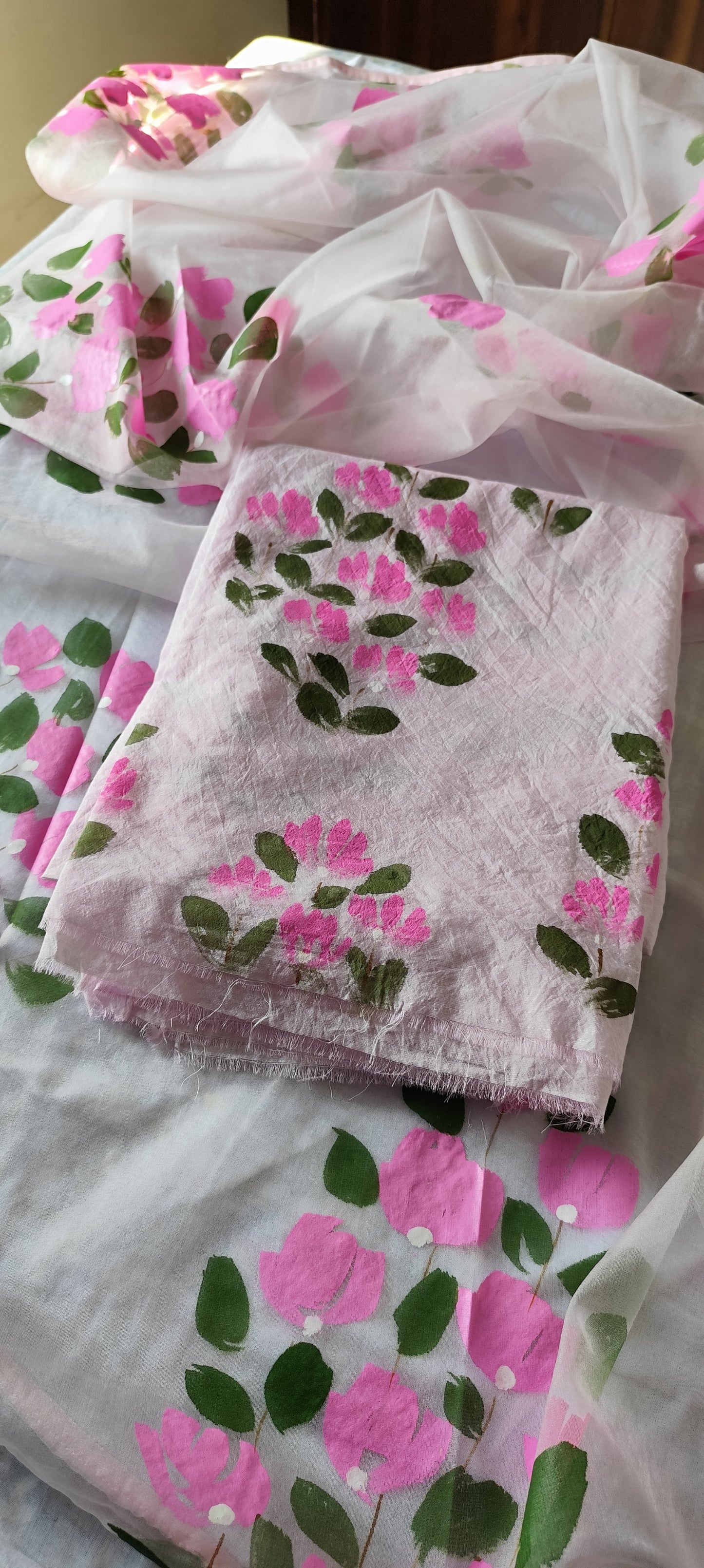 Hand painted bougainvillea on chanderi and organza dupatta